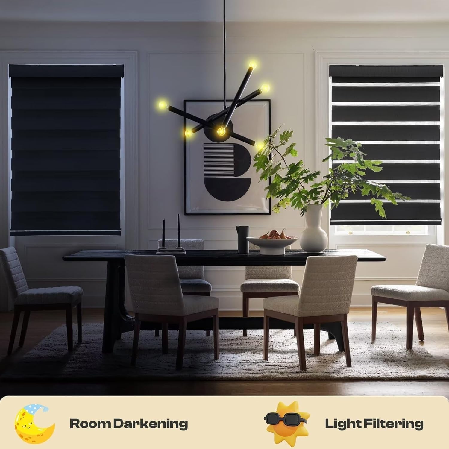 Roller Shades Zebra Blinds for Windows Cordless Light Filtering 23″ x 72″ Black