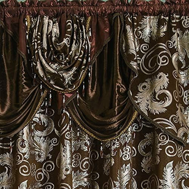 Jacquard Luxury Window 2 Panel Set Brown Curtain with Attached Valance and Backi