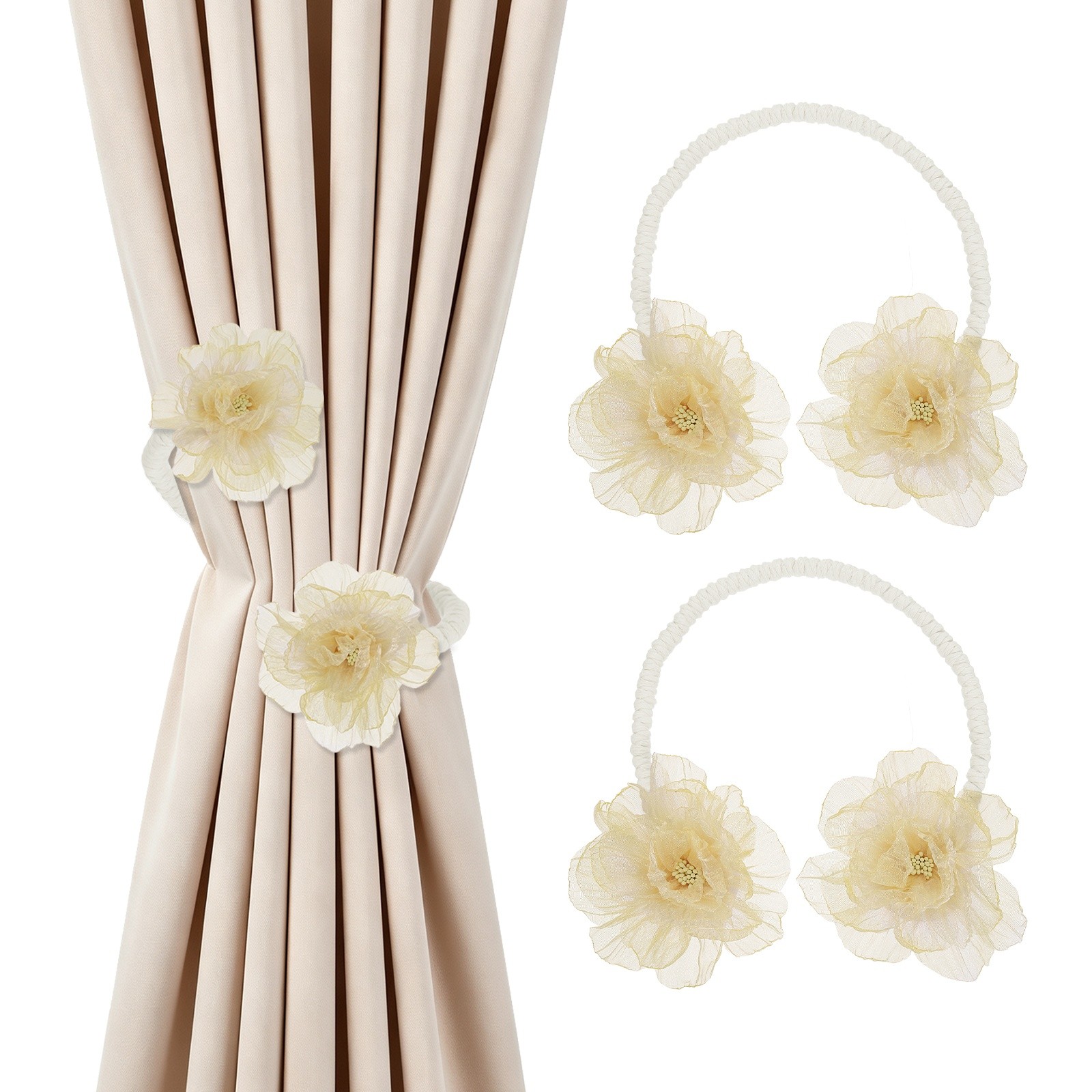2Pcs Flower Curtain Tiebacks, 2 Flower 45cm Twist Holdbacks Clip, Gold