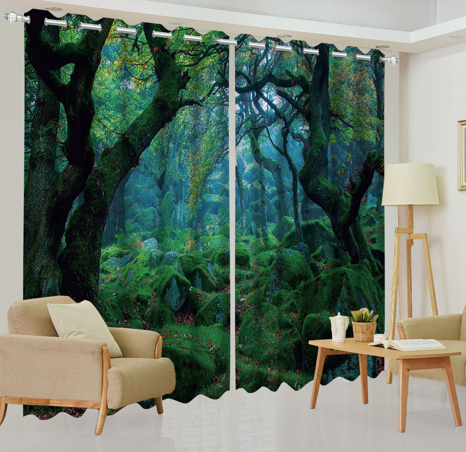 Green Jungle Tree Landscape 3D 2 Panels Window Curtains Blockout Drapes Fabric