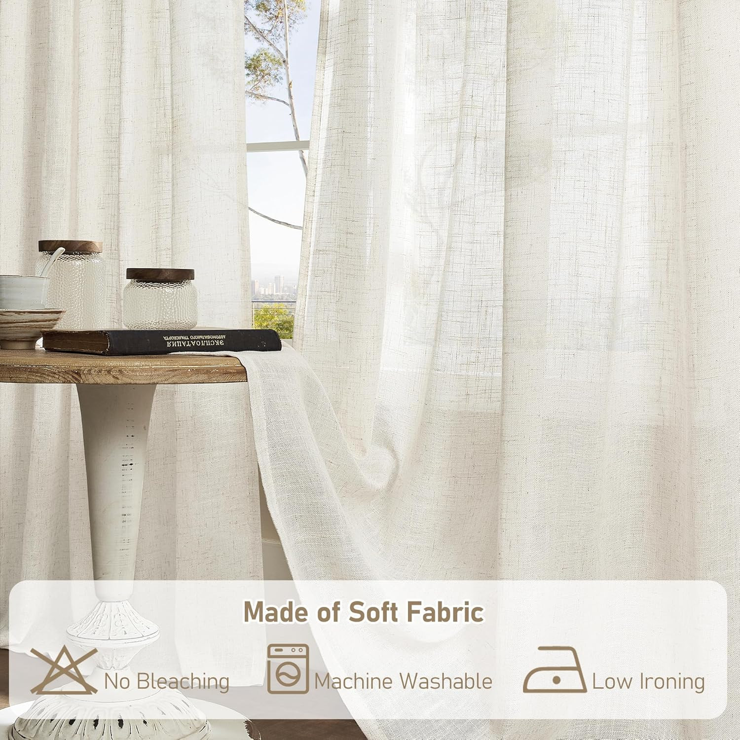 LAMIT Semi Sheer Linen Window Curtains 63 Inch Length, Light Filtering Neutral C