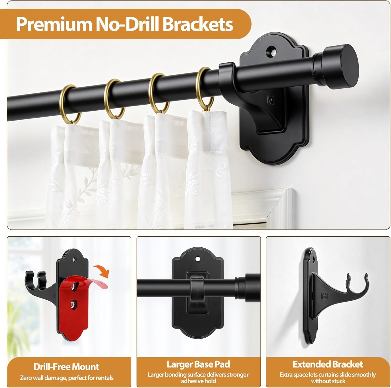Adjustable Curtain Rod 40 to 53 Inch No Drill Adhesive Brackets Black 5 8 Rod