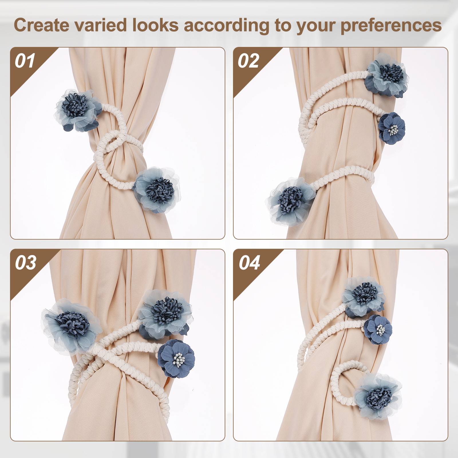 2Pcs Flower Curtain Tiebacks, 3 Flower 45cm Twist Holdbacks Clip, Blue