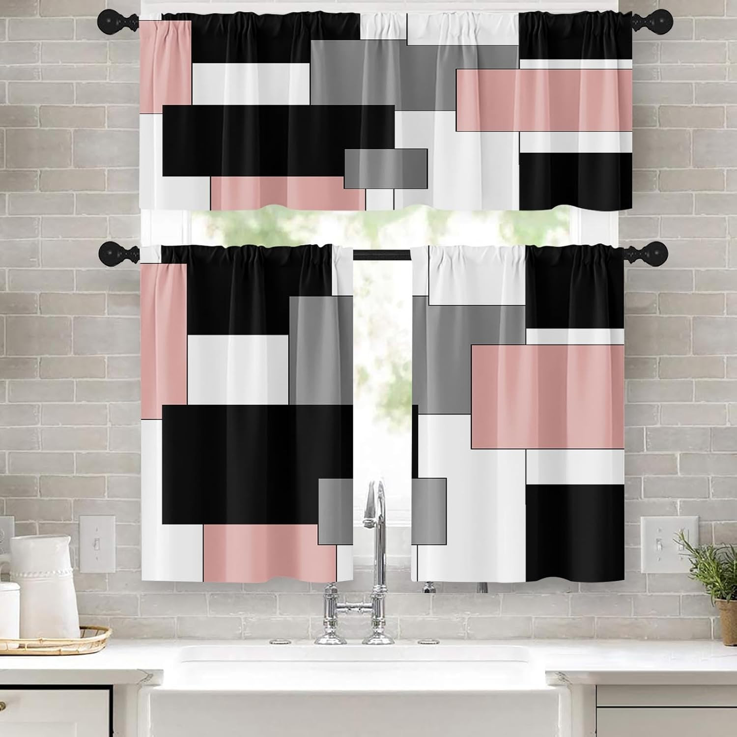 Black White Gray Kitchen Window Curtains Valance and Tier Set 36 Inch, Dark Grey