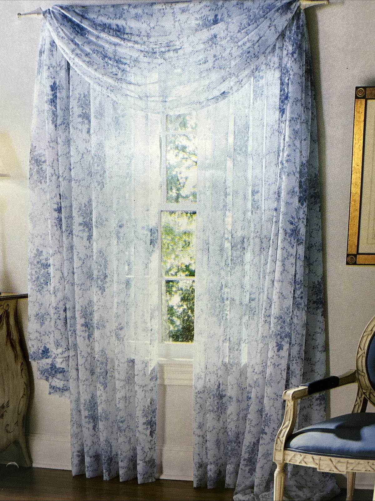VTG Laura Ashley Sophia 2PC Sheer Blue White Floral Panels & 1PC Bluoson Valance