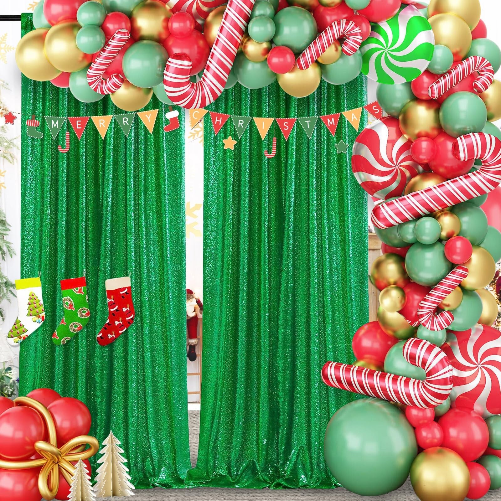 Sequin Curtains Christmas Backdrop 3 Panels Sequin Fabric 2FTx8FT Green Photo…