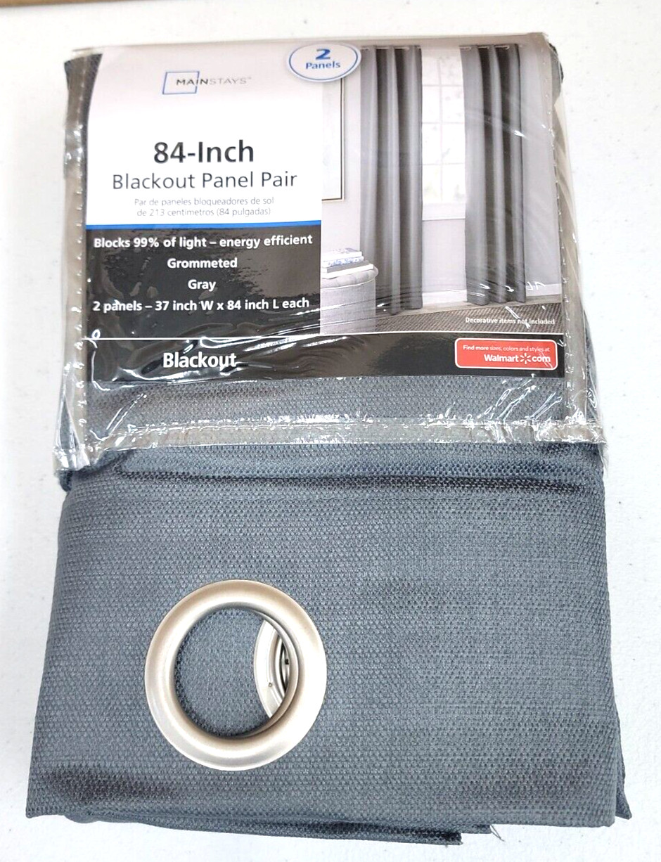 Mainstays Blackout Panel PAIR Grommeted Window Curtain Panel 37”W X 84”L Gray