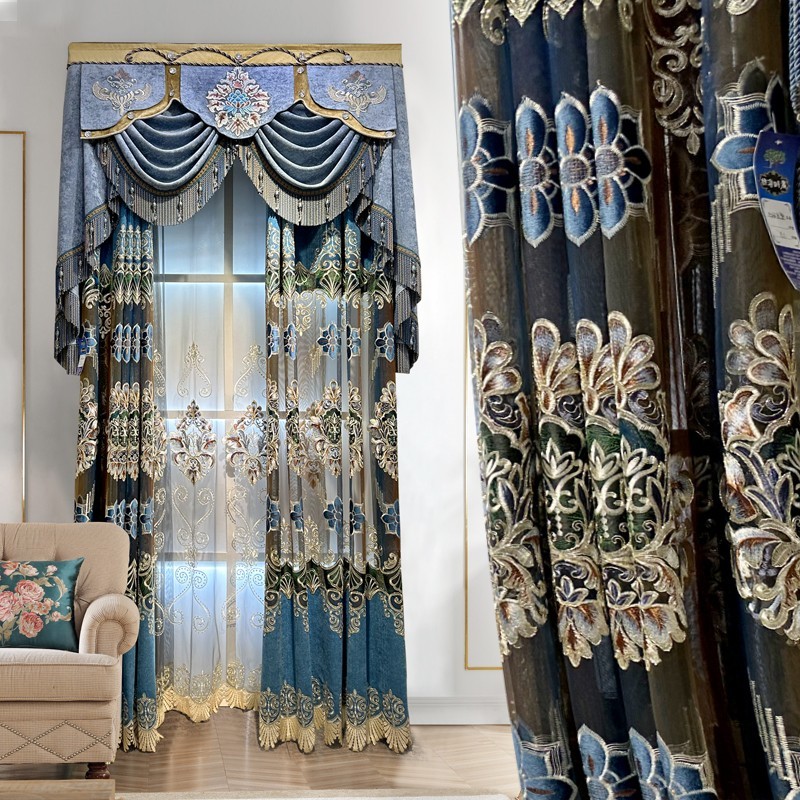 luxury European embroidery valance blue hollow-out cloth curtain tulle M1840