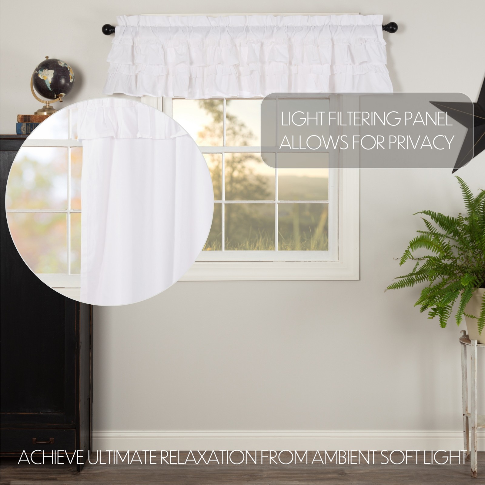 Muslin Ruffled Bleached White Set (1 Valance 16×72 ; 2 Tier 24×36) VHC Brands