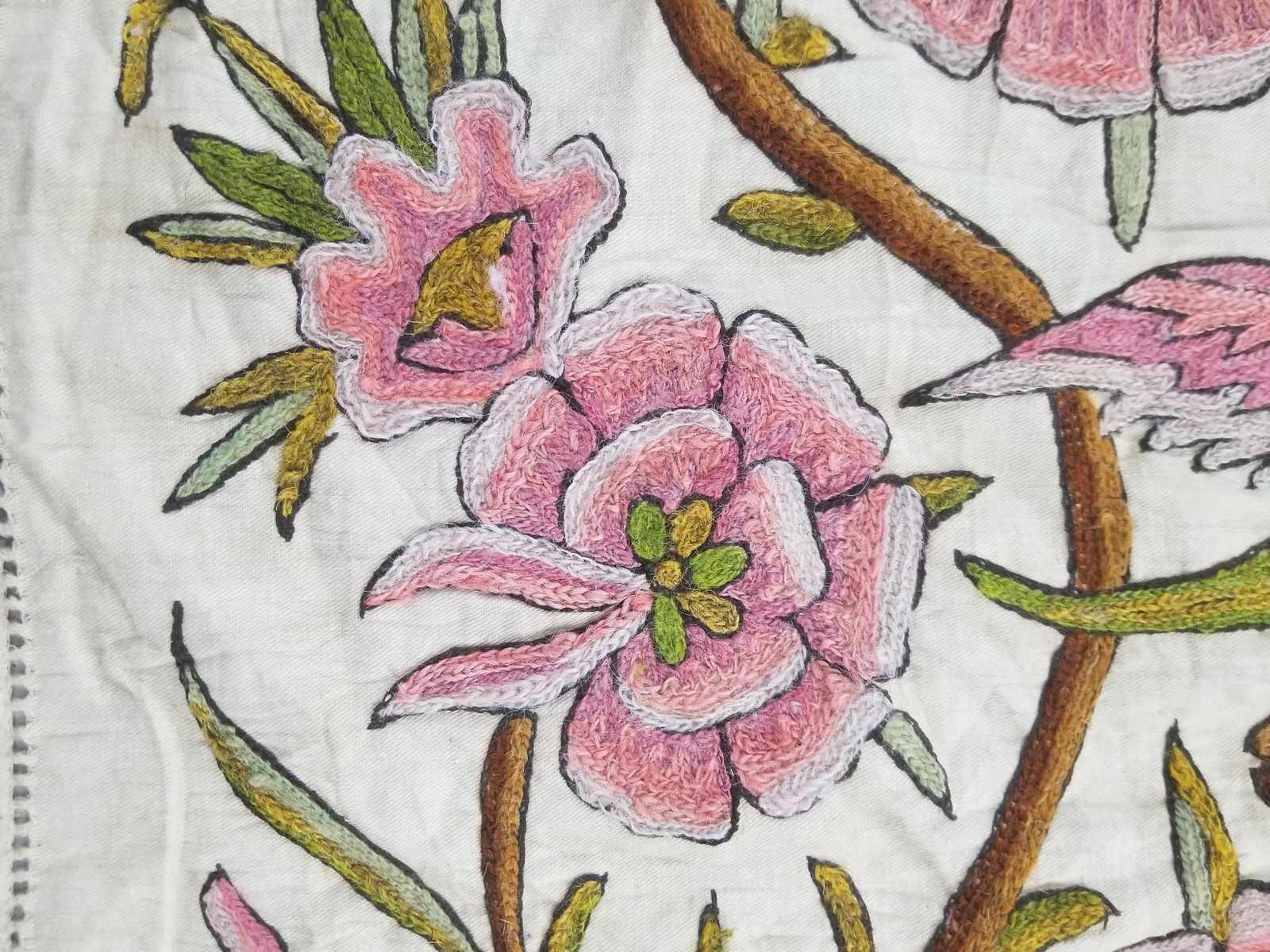 Antique Central Asian Uzbek Hand Embroidered Floral & Bird Curtain Panel 82x44in
