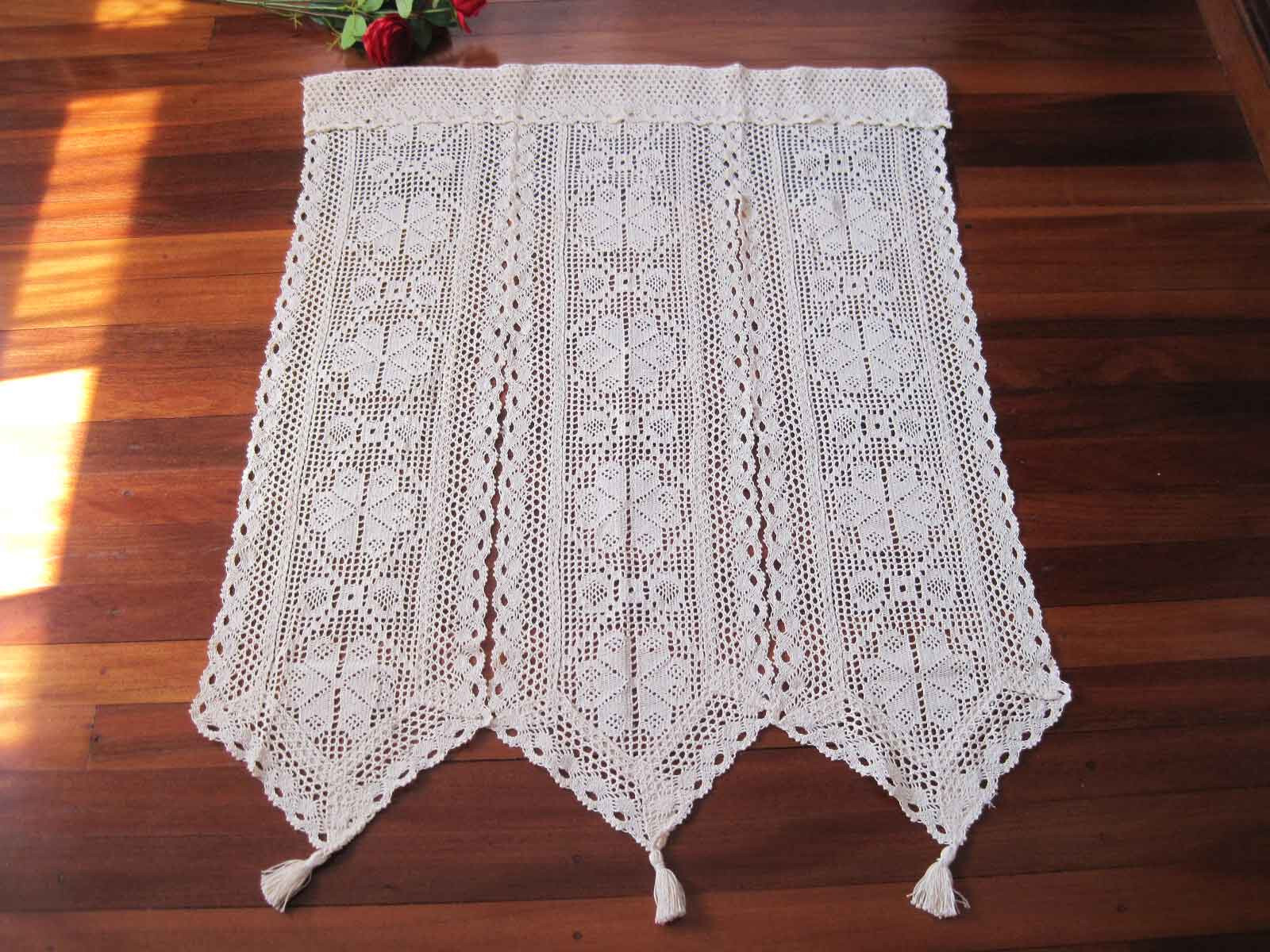 Again@Vintage Style 3 Panel Design Crochet Lace Braid Beige Cotton Door Curtain
