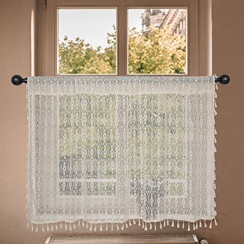 Boho Crochet Window Tiers Curtains for Kitchen Cafe Beige 36 Inch Long Small