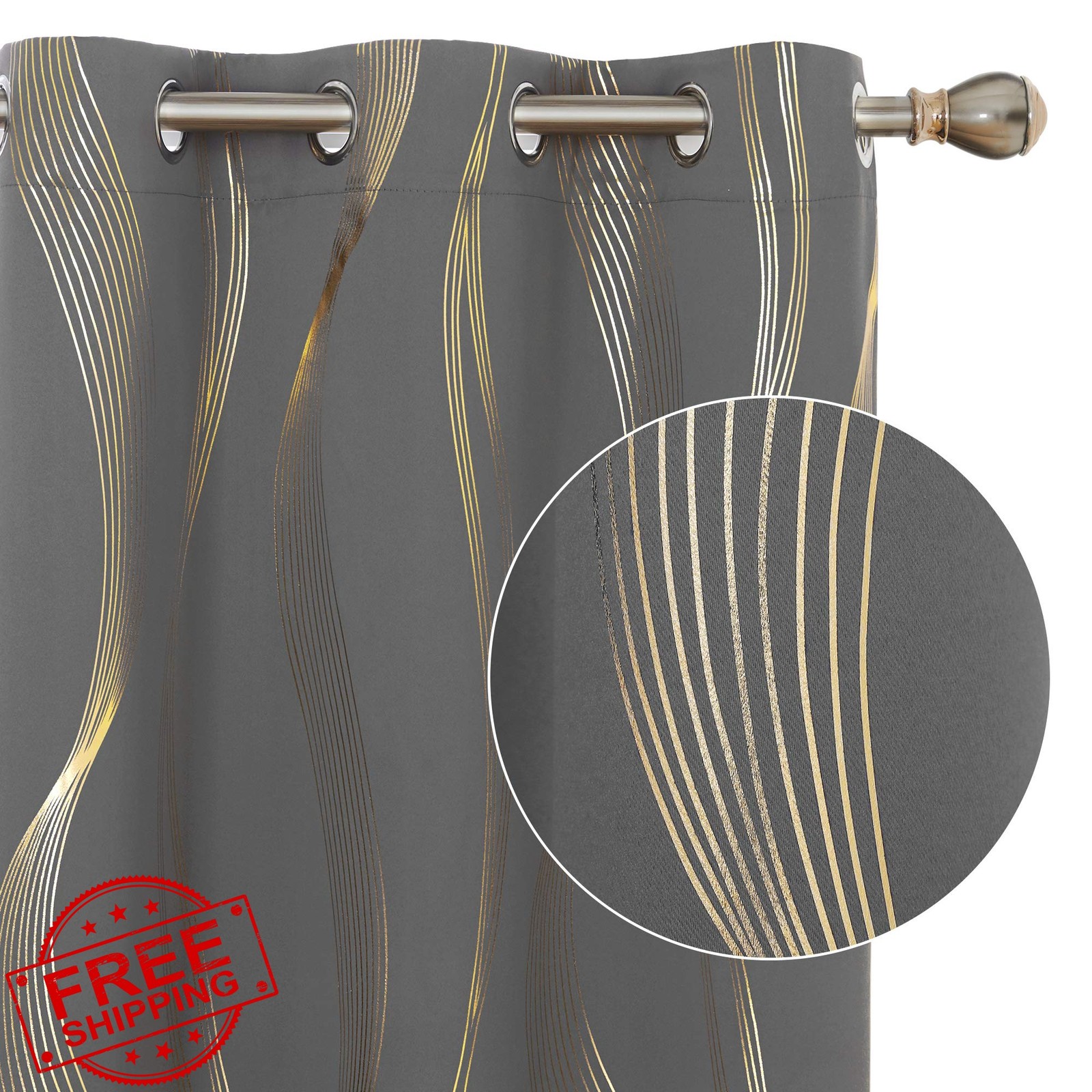 Deconovo Gold Wave Dark Grey Blackout Curtains 42×63 (2pk)
