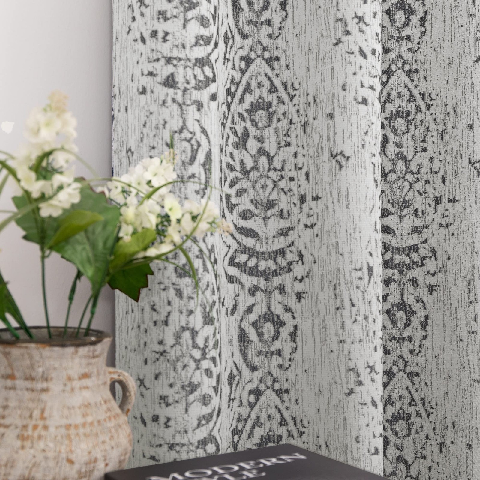 Mrs.Naturall Grey Damask Pattern Curtains 52×45″ Living Room Light Blocking
