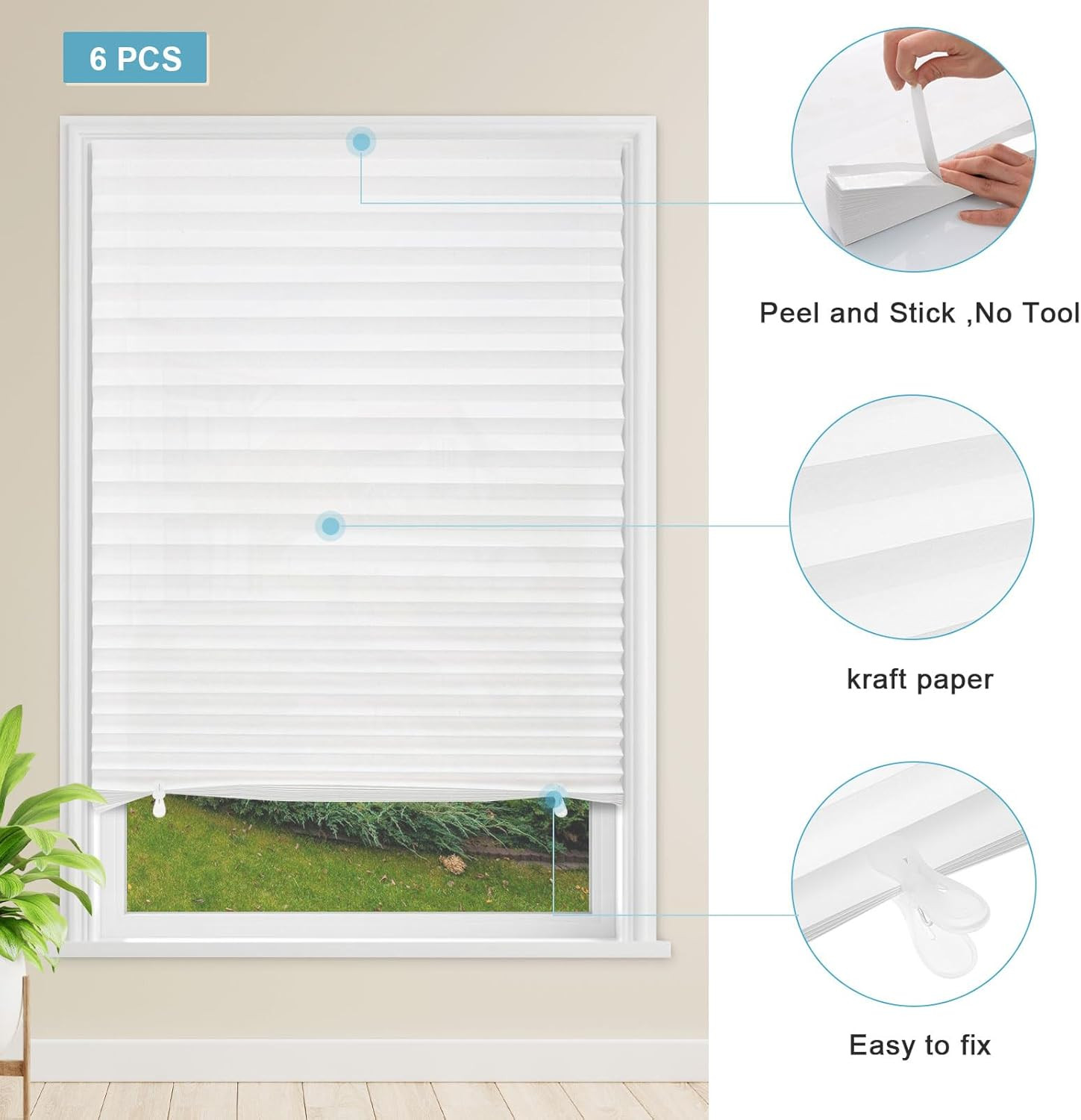 6 Pack Temporary Light Filtering Paper Shades for Windows,Paper Pleated Blinds w