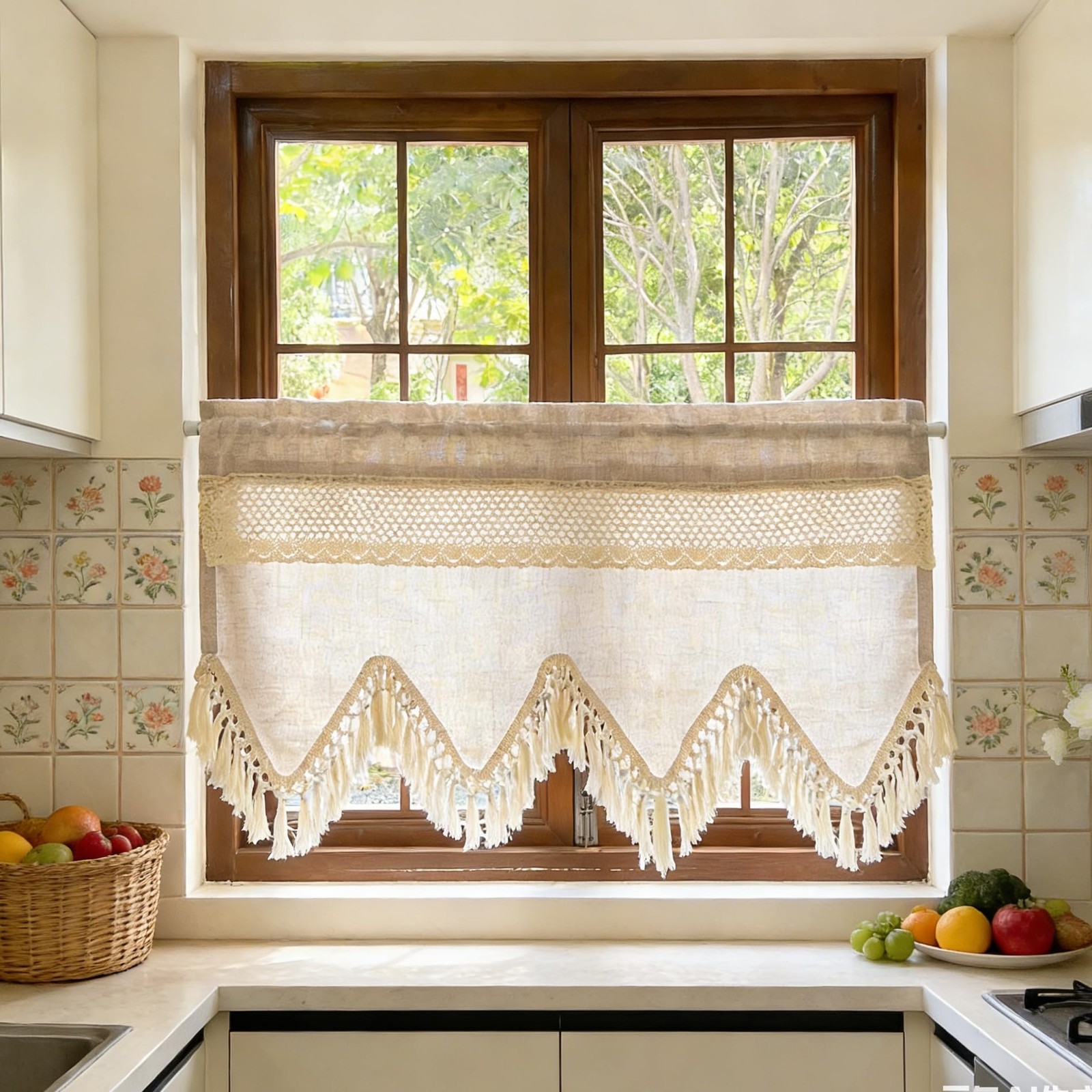 Boho Crochet Lace Valances for Windows Kitchen Macrame Linen Sheer Valances w…