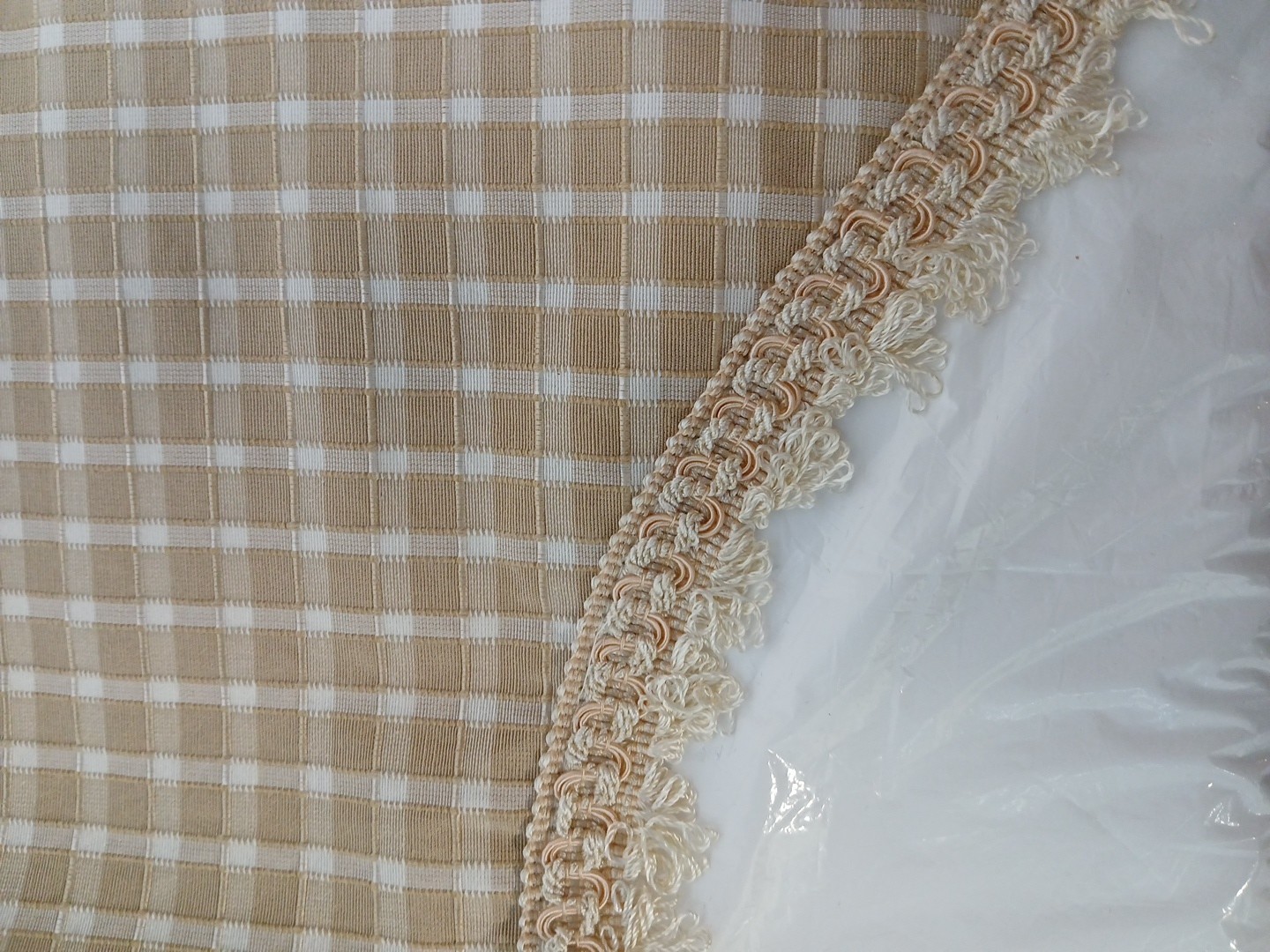 Beige white gingham check scalloped valance with a tassel fringe edge Set 48×17