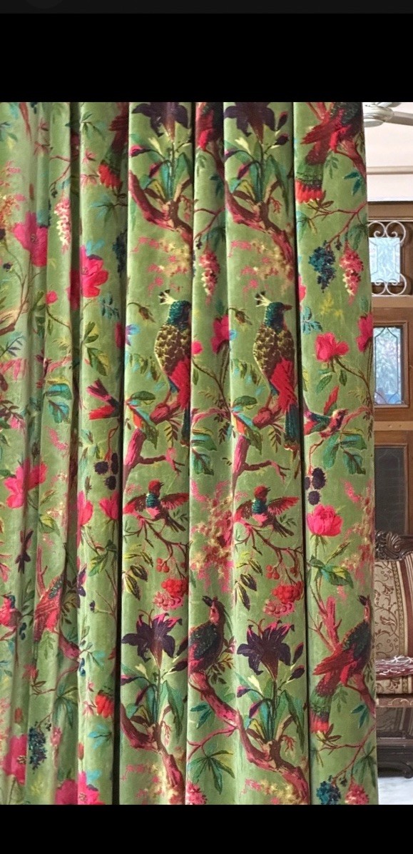 Boho Vintage Style Cotton Velvet Sage/Olive Green Bird Print Curtain – 4 Piece