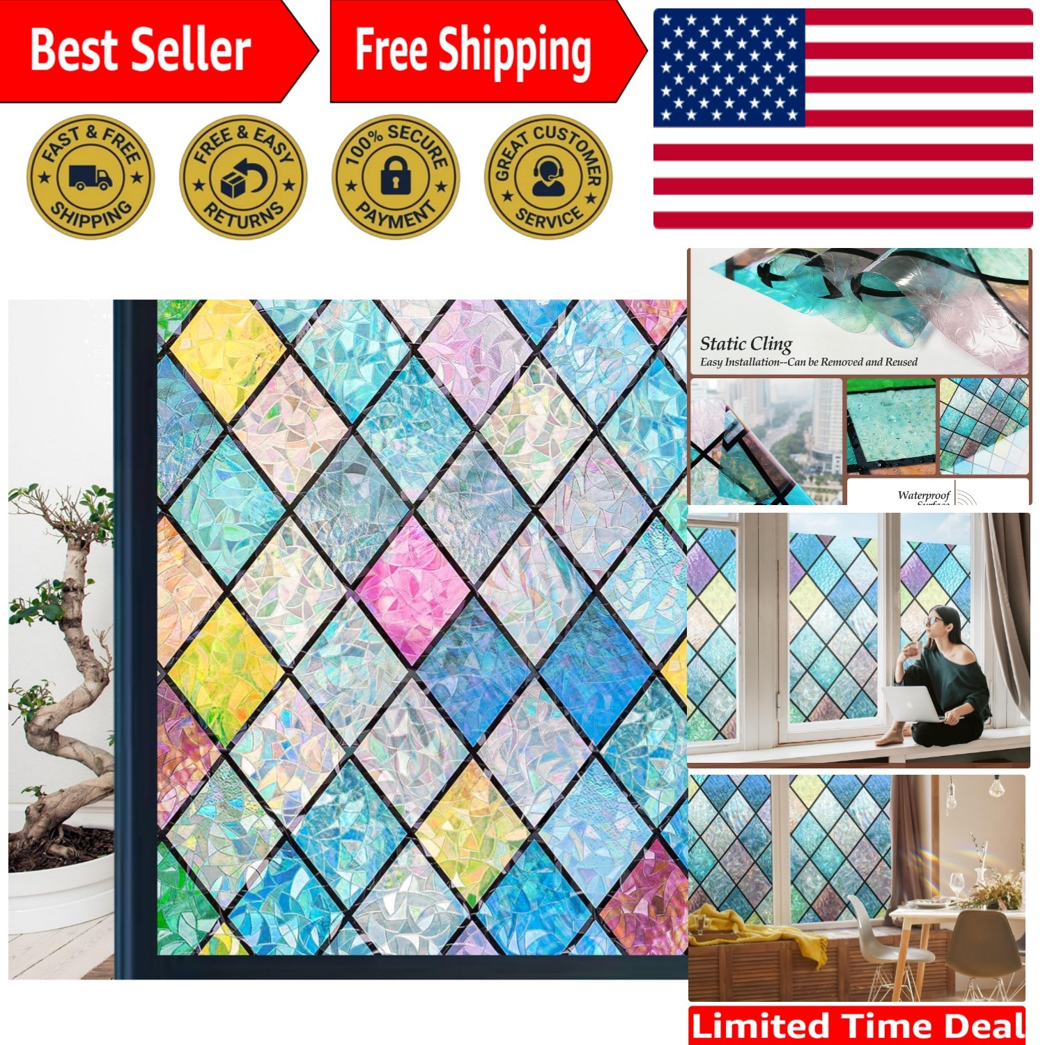 UV Blocking Rainbow Window Film – Stained Glass Effect for Home 17.7 x 78.7
