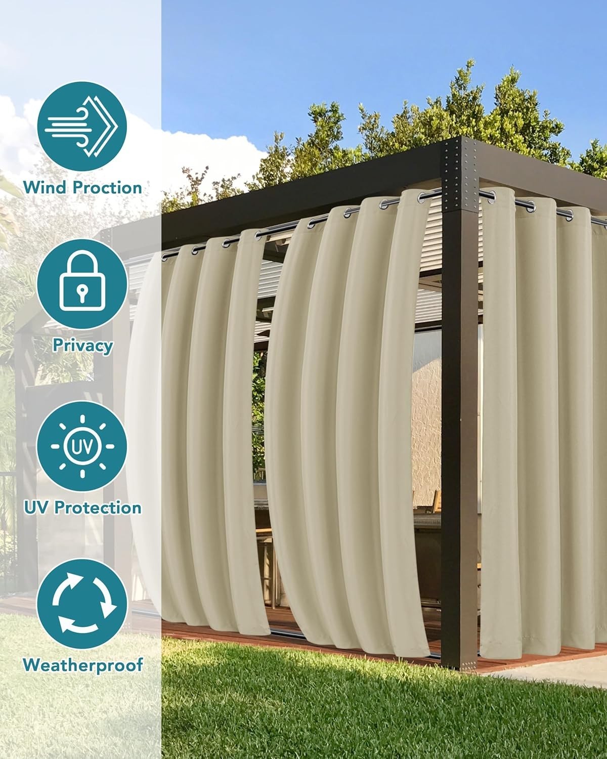 4-Panel Cream Outdoor Curtains – Waterproof & Windproof for Gazebo & Porch Decor
