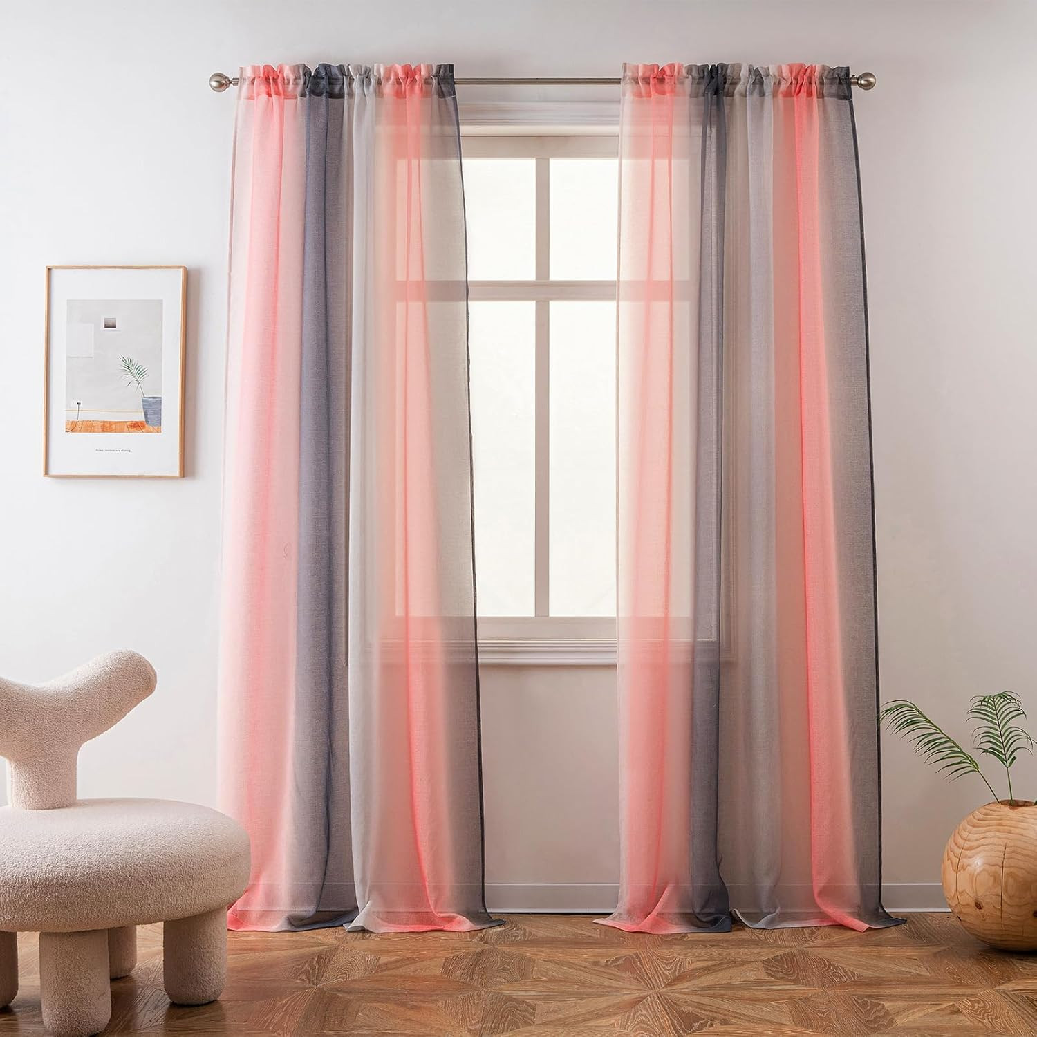 Sheer Curtain Semi Bedroom Curtains 63 inches Length Linen Pink Grey Ombre Curta