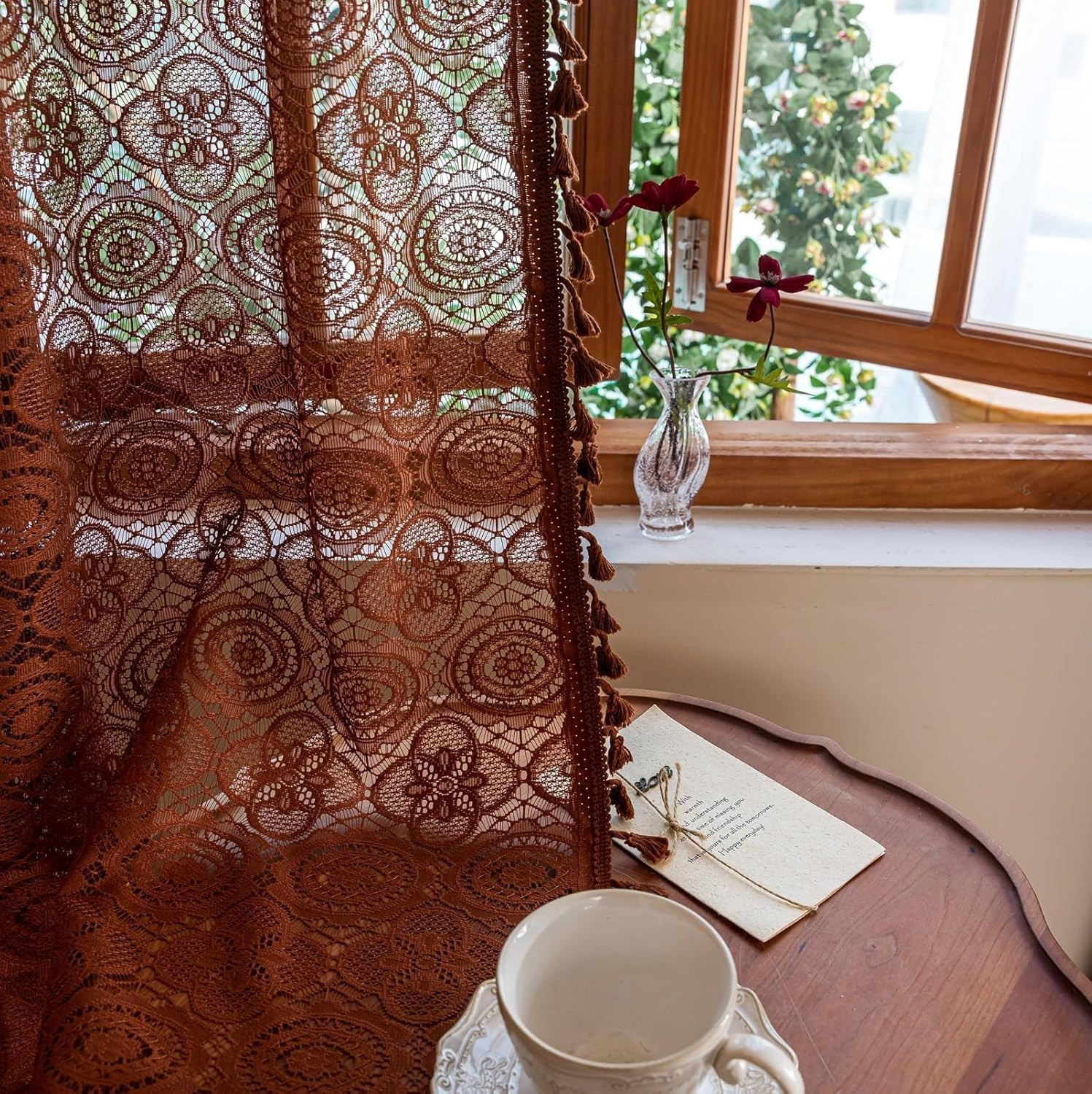 YJ YANJUN Boho Lace Curtains 54 inch Length 2 Panels -Vintage Floral Crochet She