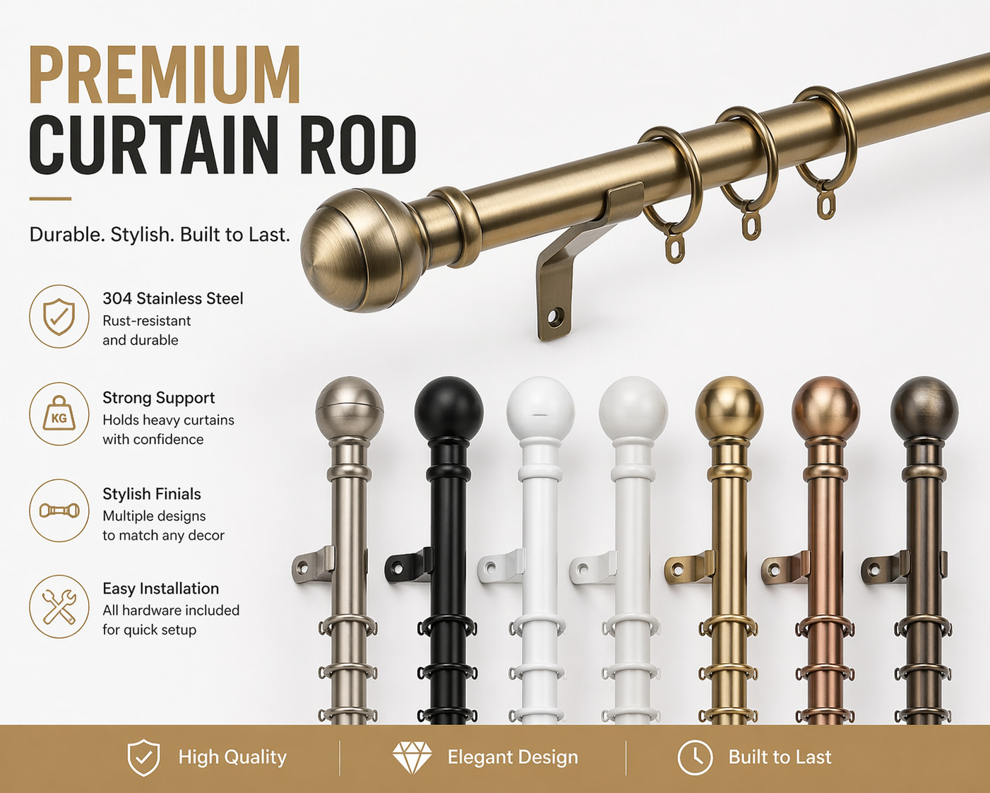 Custom Curtain Rod for Windows–Adjustable Decorative Drapery Rod–Factory Direct