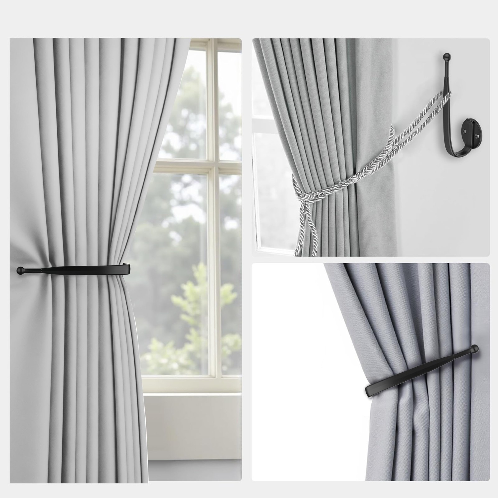 2pcs Curtain Holdbacks Black， Curtain Holders for Wall Mounted Curtain Pull B…