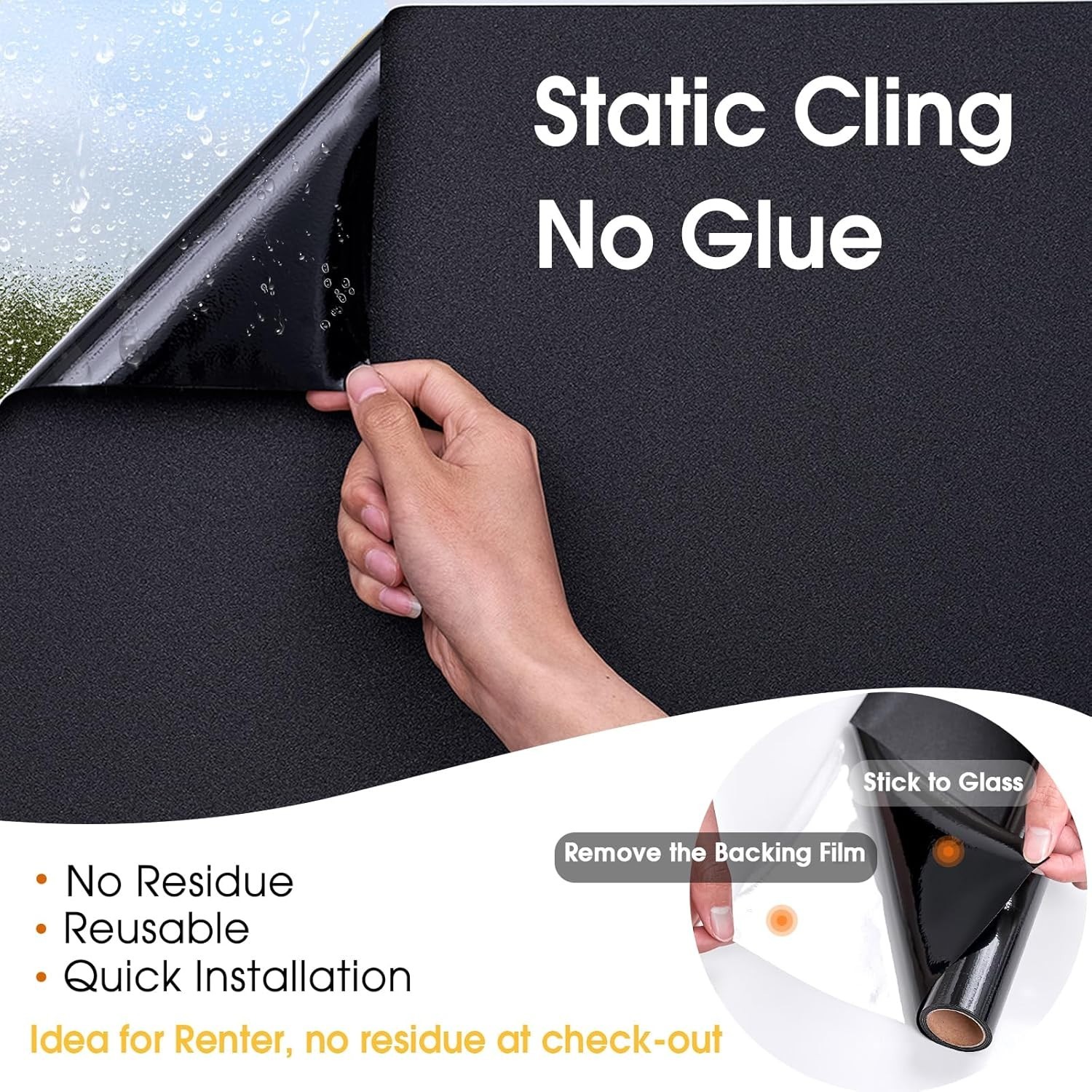 Removable Static Cling Blackout Window Film, 17.5 x 78.7 Inch, Renter Friendly