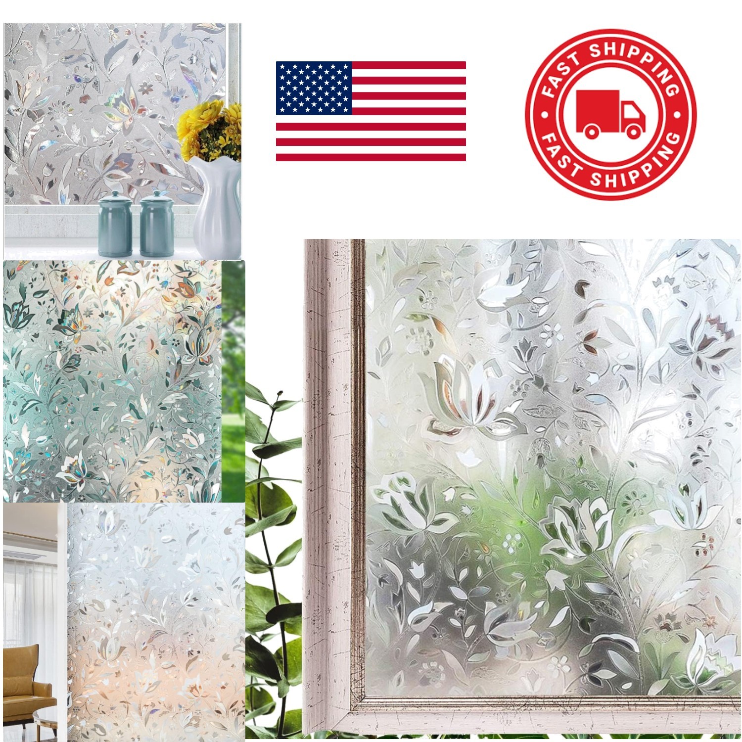 Window Privacy Film Tulip Design 35.4×78.7 Inch Removable Static Cling