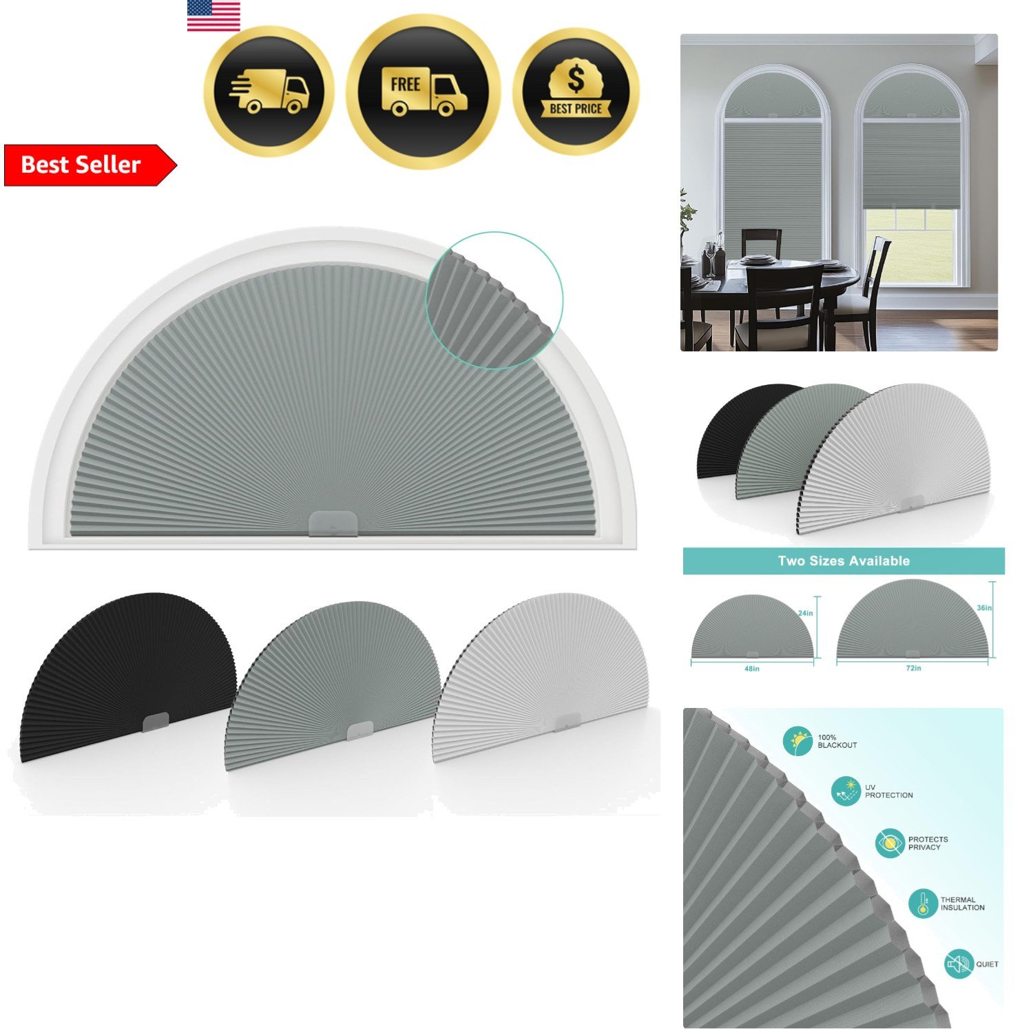 Blackout Cellular Shades Window Coverings for Arches 24 Inch Radius No Drill
