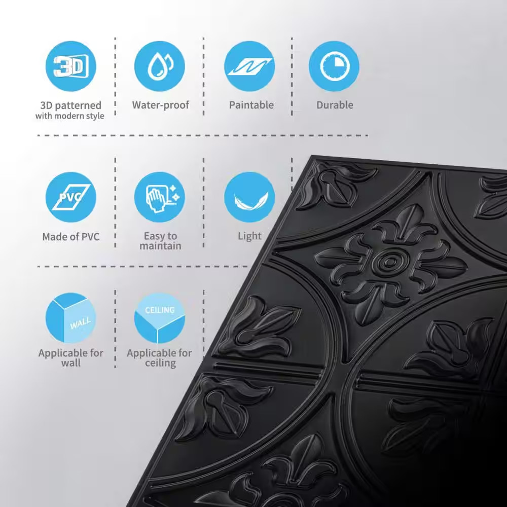 Floral Design Black 2 Ft. X 2 Ft. Decorative Ceiling Wall Panel Lay in Glue Ceil