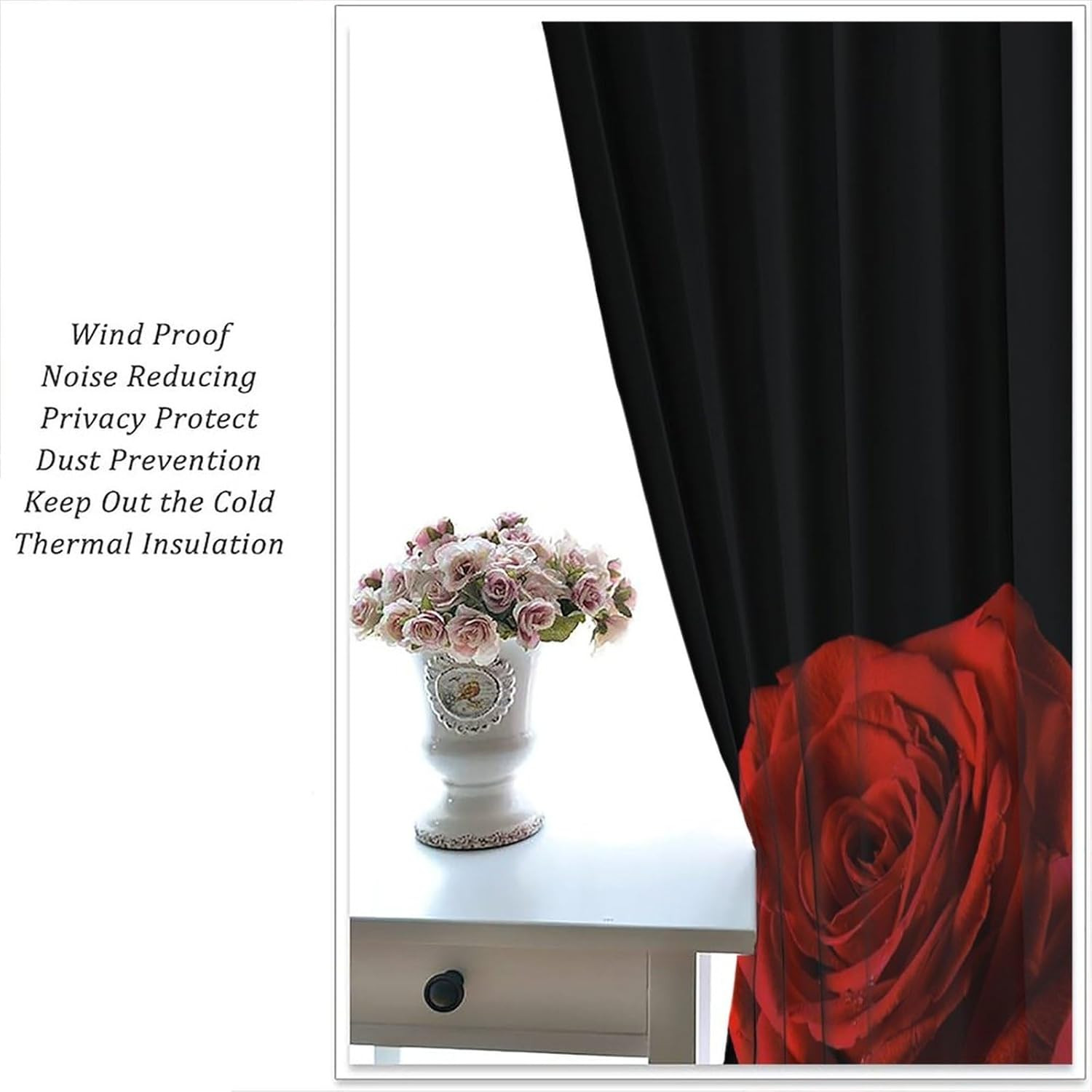 Red Rose Floral Curtains, Romantic Black Red Rose Flower Rod Pocket Window Treat