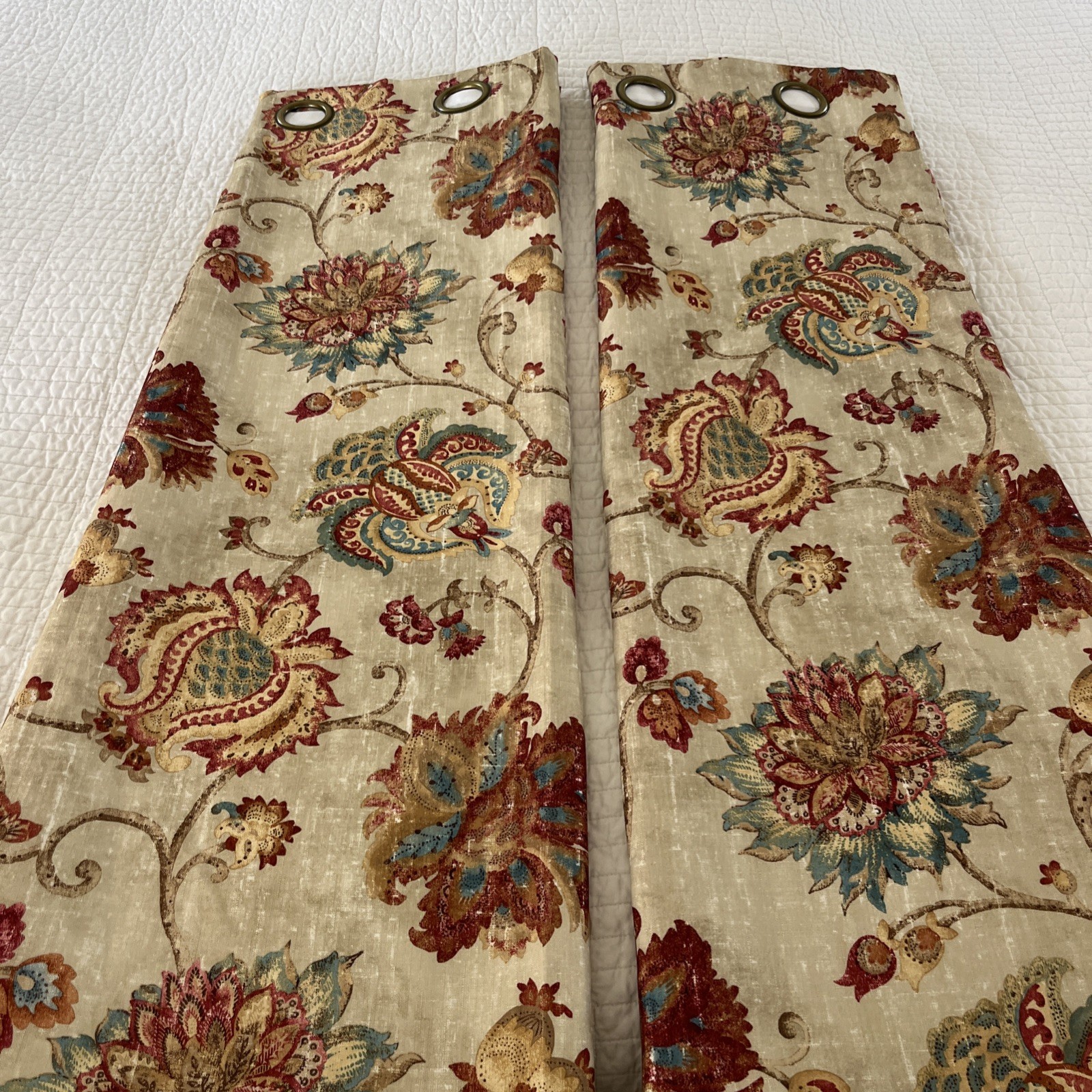 2-Pier 1 Jacobean Floral Curtain Panels 50 X 84” Lined Grommets Tan Polyester