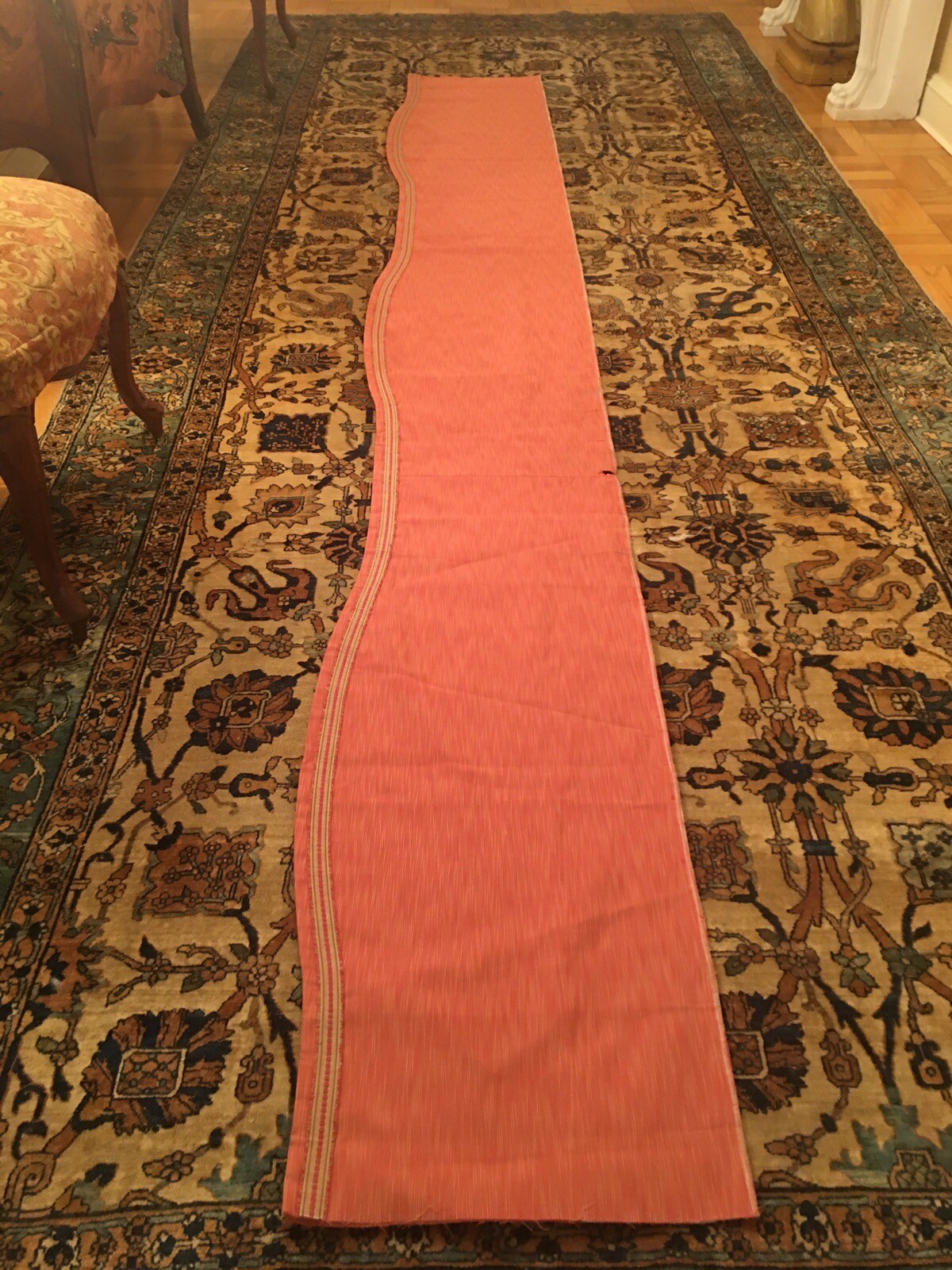 FABRIC UNFINISHED VALANCE WITH LINING & SCALLOPS AND TRIM. 134” LONG (11.2 Feet)