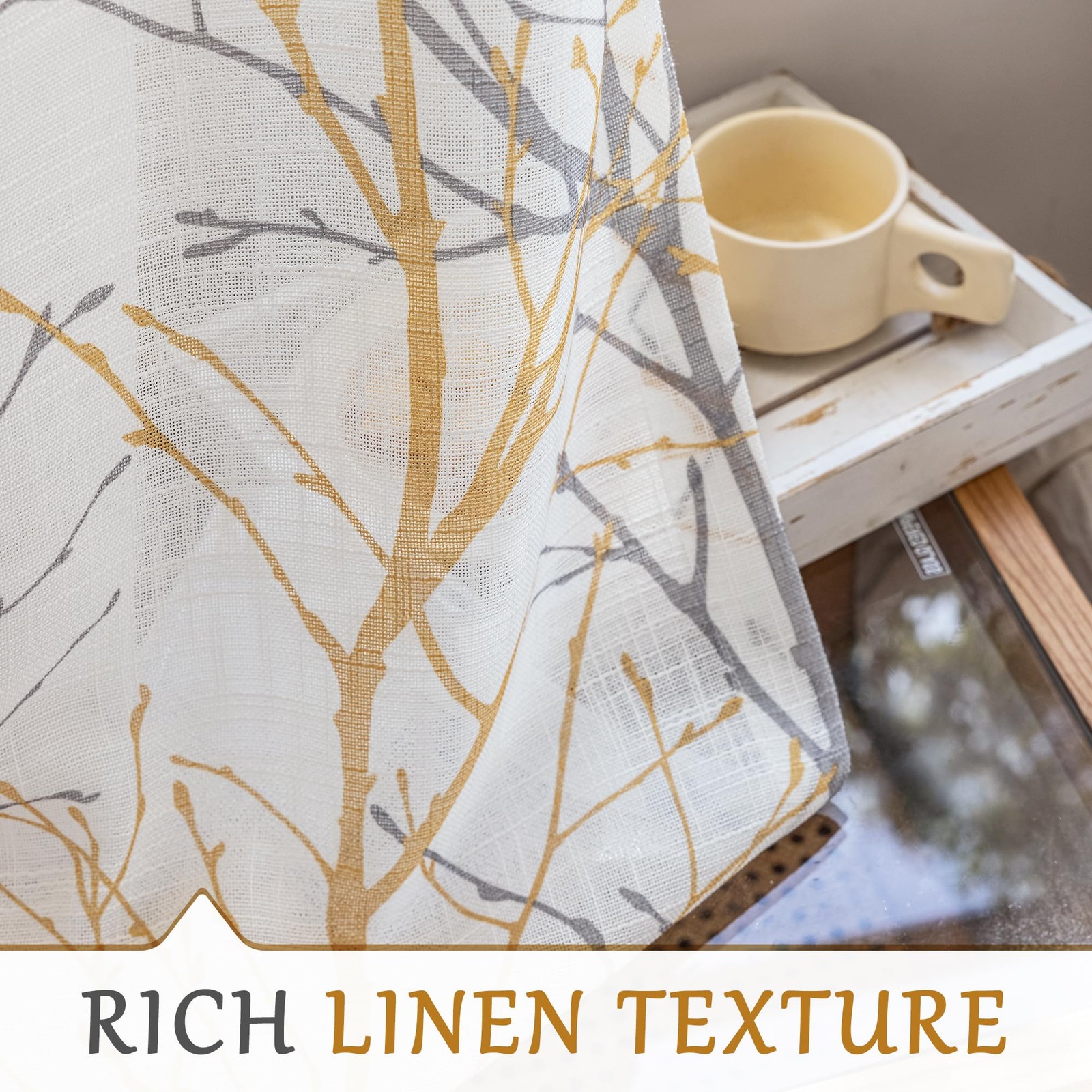 White Sheer Front Door Curtains for Glass 40 Inches Long Yellow Grey Print Br…
