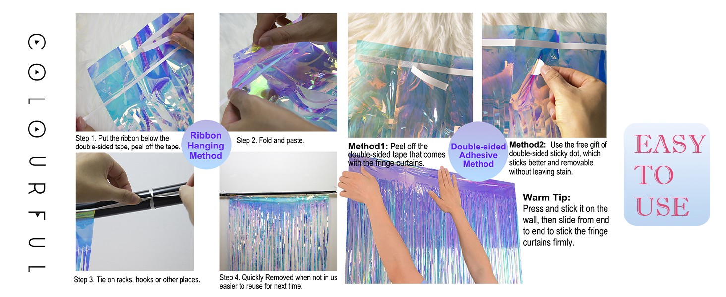 Gorgeous Iridescent Fringe Tinsel Streamers, 2 Pack of 3.3X 3.3 ft Neon