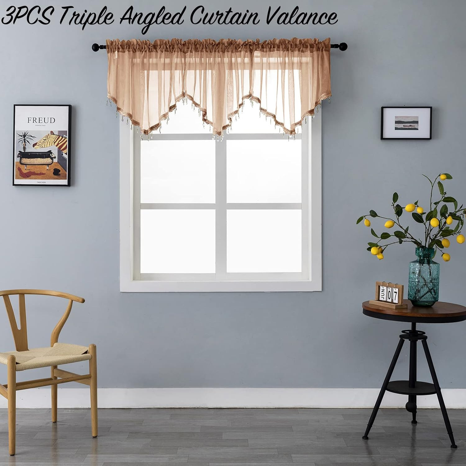 Beaded Sheer Valance Curtains for Living Room,Rod Pocket Farmhouse Window Valanc