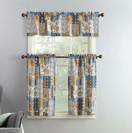 Mainstays ~ Amelia ~ Patchwork ~ Semi-Sheer ~ 3 Pc. Tier & Valance Set ~ Navy