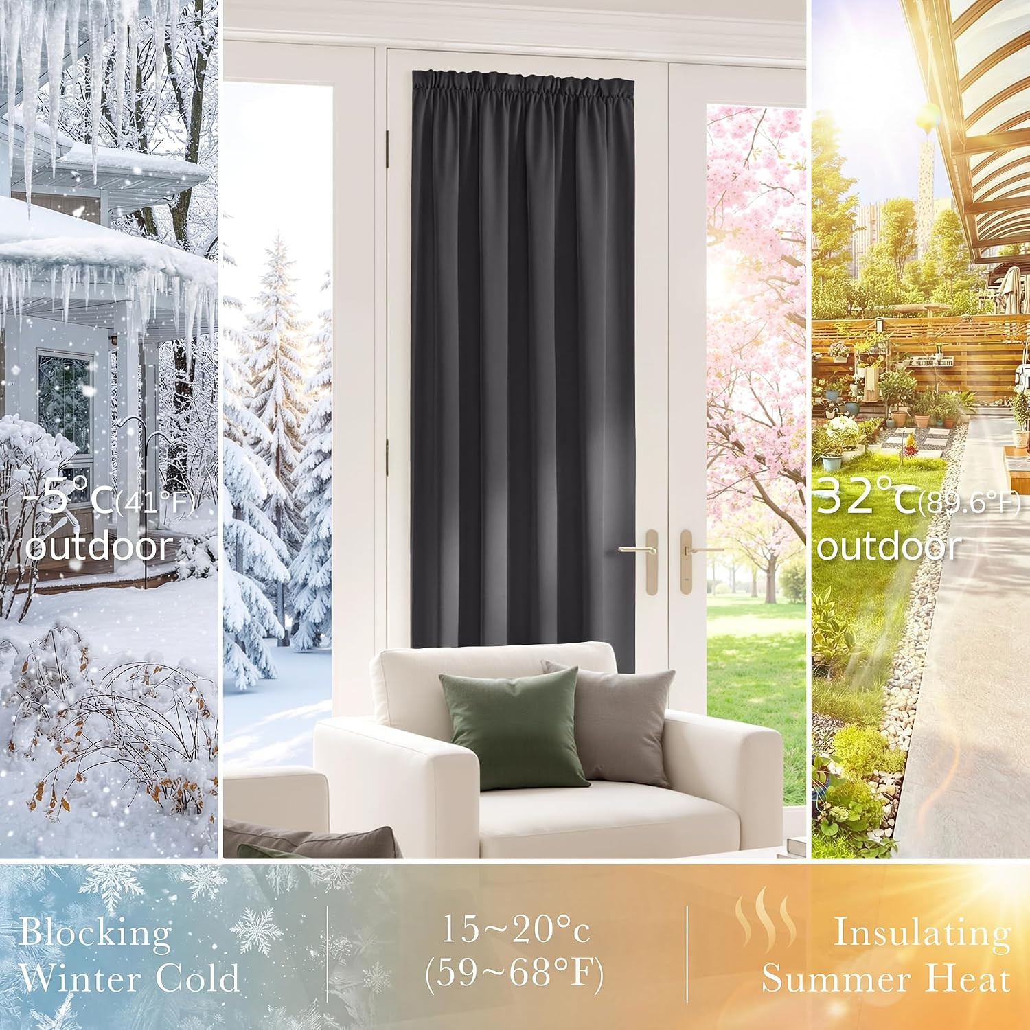 Blackout Door Window Curtains, Dual Rod Pocket Grey Drape for Front Glass French