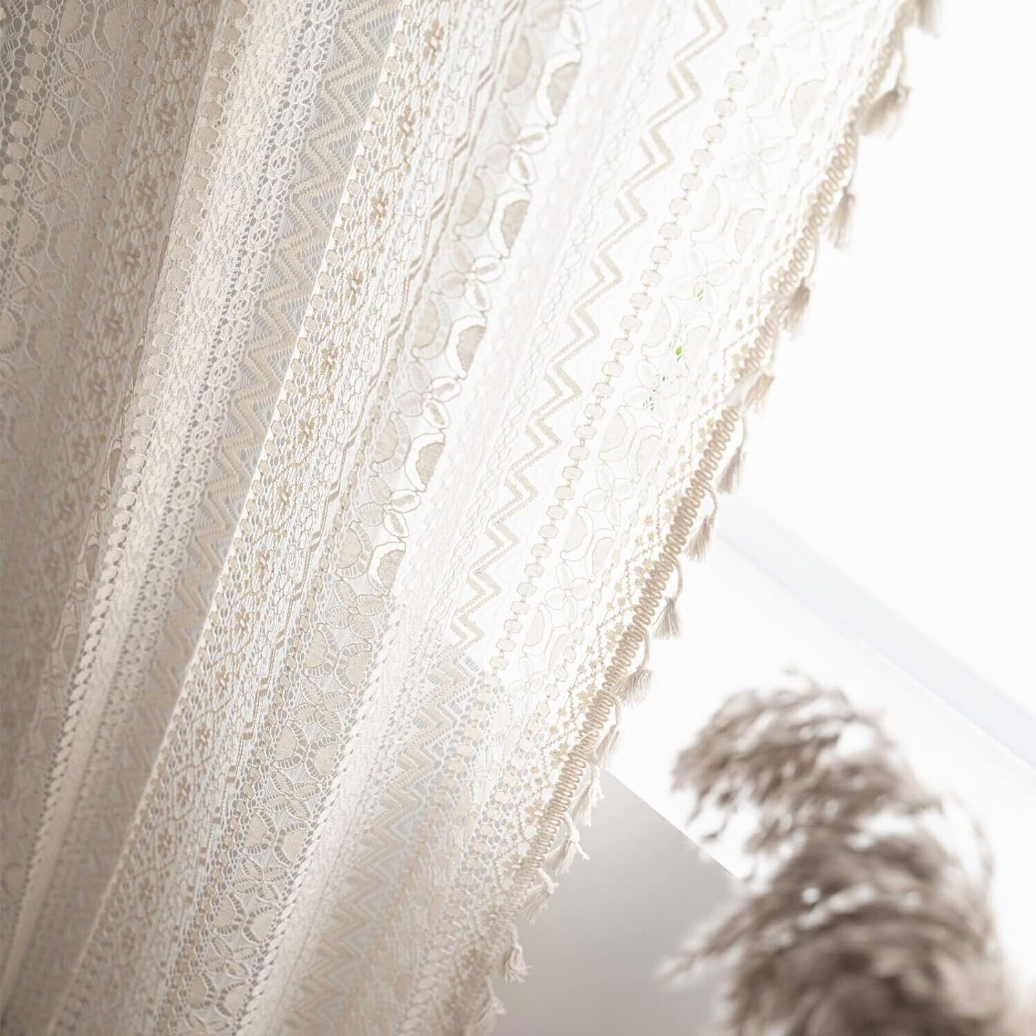 Crochet Lace Curtain Panels Window Drapes Bedroom Living Room Rod Pocket Rustic