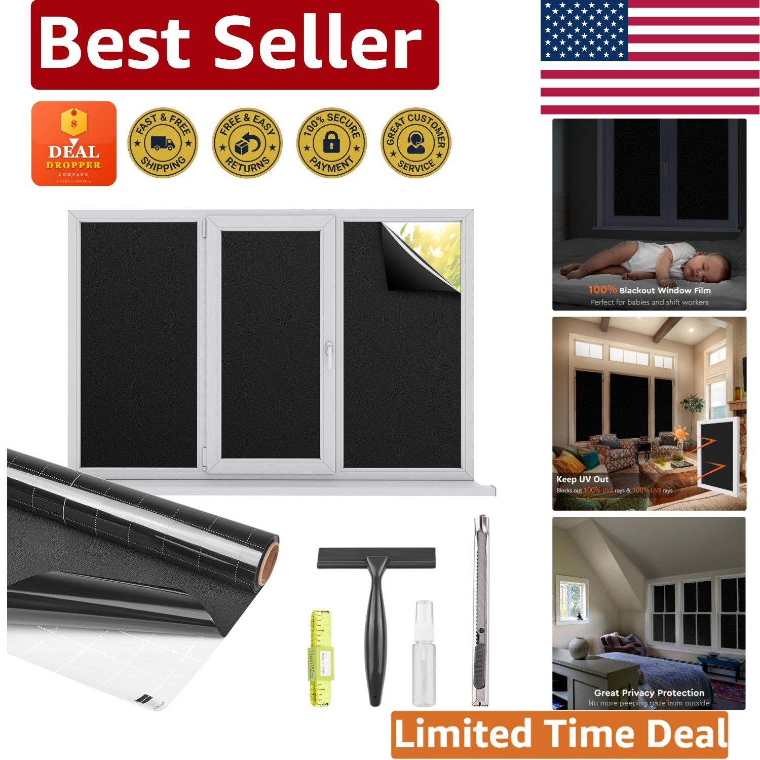 DIY-Friendly Blackout Window Film: Static Cling 100% UV Block, 17.5” x 78.7”