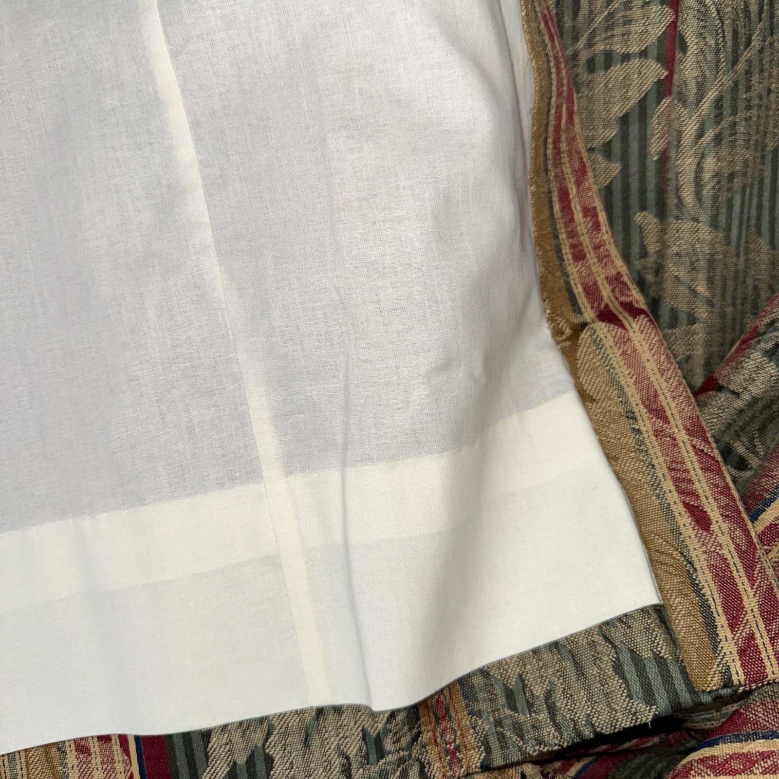 Pair Pinch Pleat Lined 2 Drapes 56Wx84L Brocade-Striped Red Green + 112” Valance