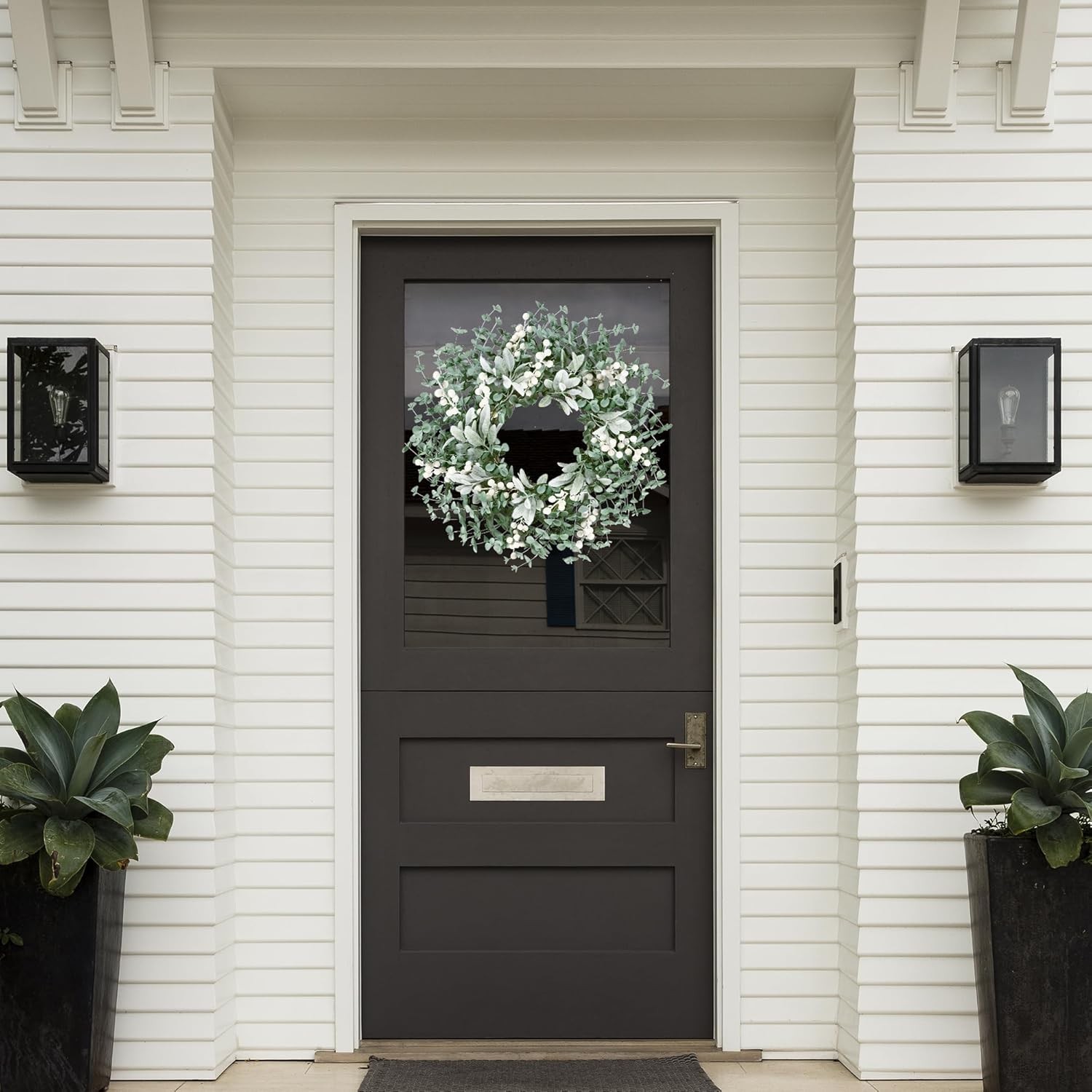Sggvecsy Artificial Greenery Leaves Boxwood Wreath with White Berries – Green