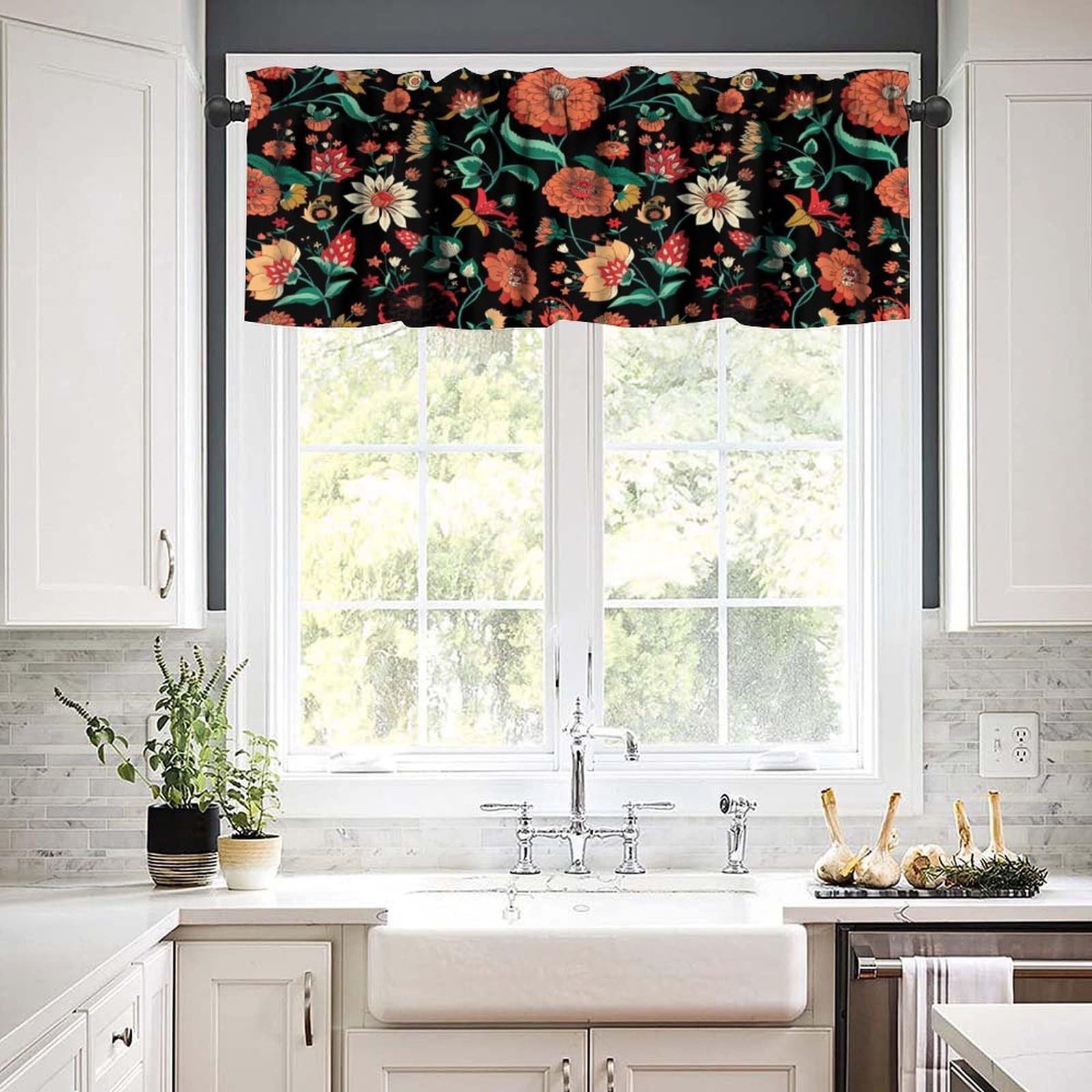 Boho Floral Valance Curtain for Kitchen Black Minimalist Rustic Hippy Mandala…