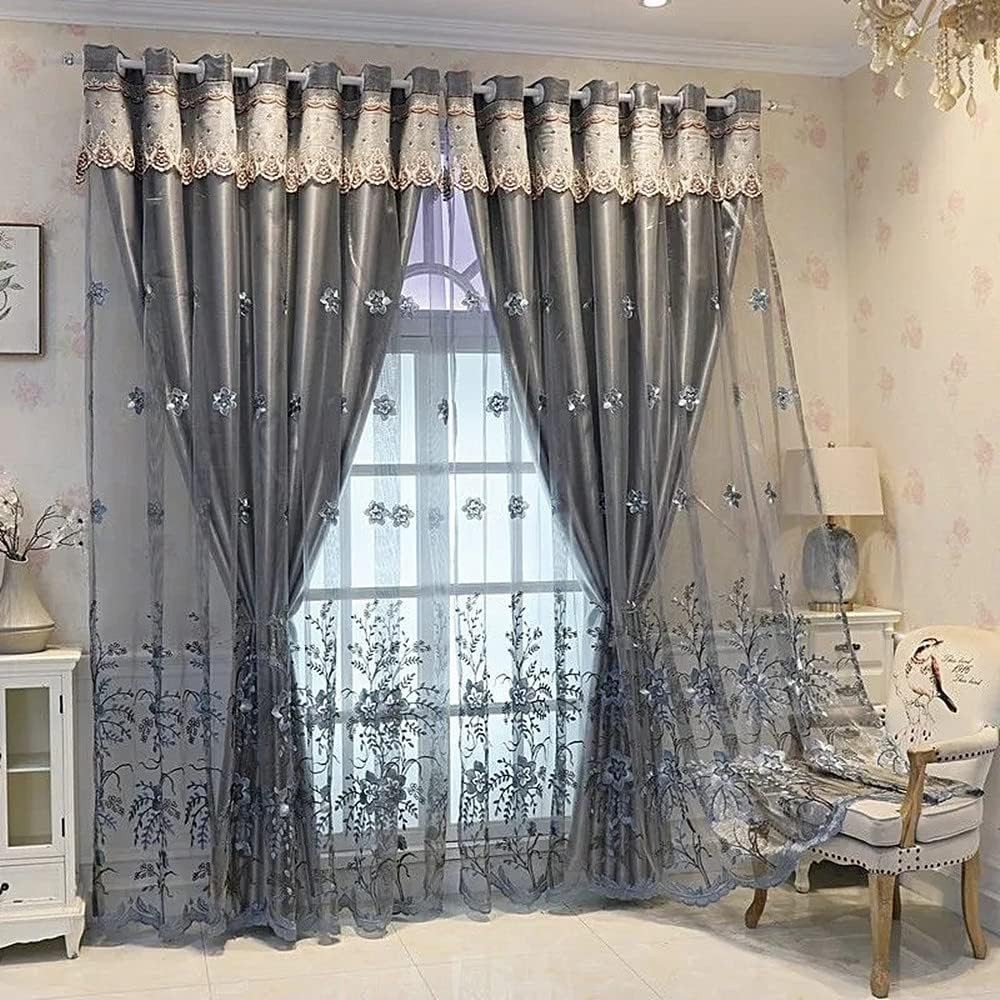 Luxury Flower Embroidered Double Layer Curtains with Valance – Grey 54×96 Inch
