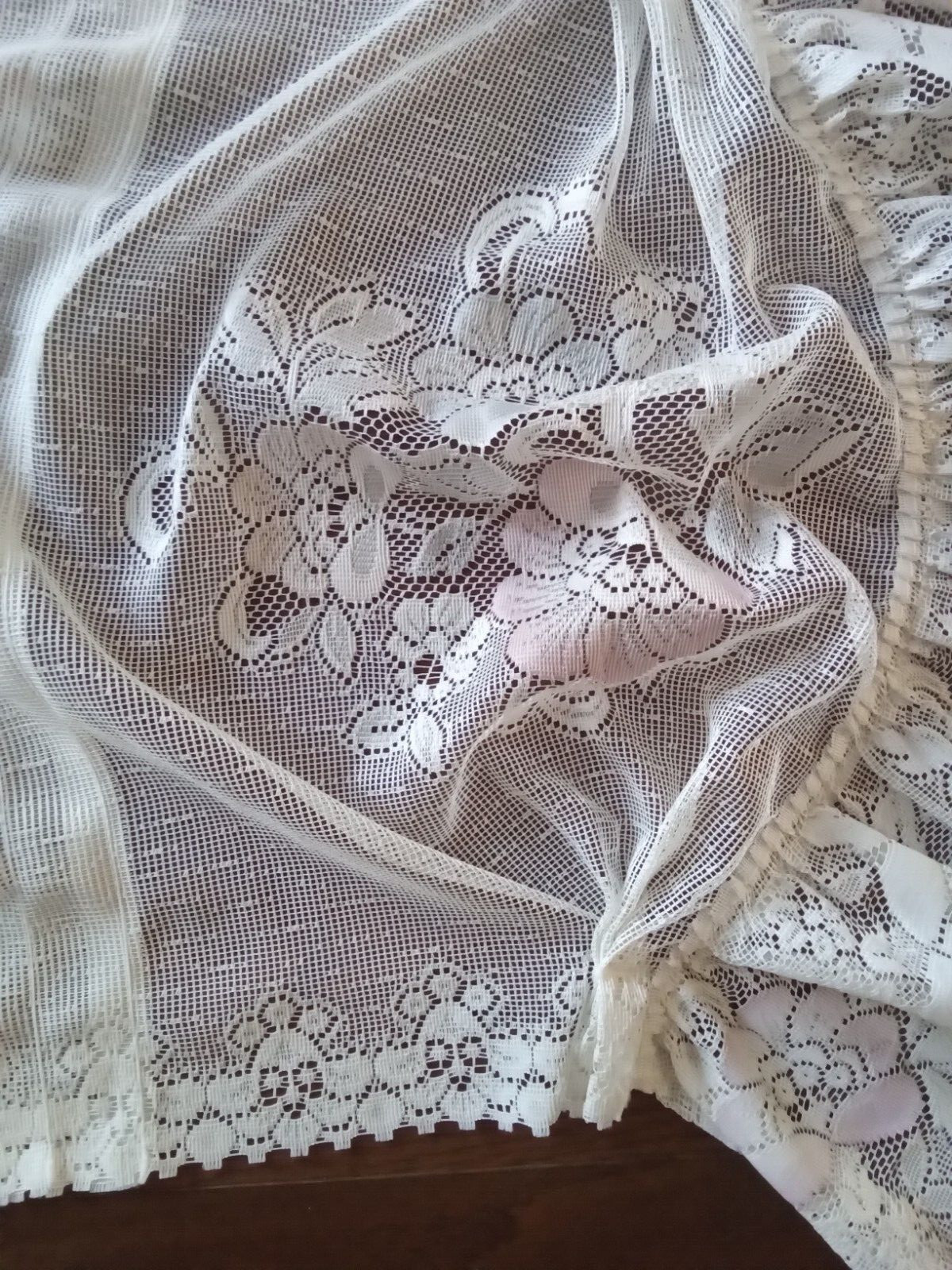 TWO (2) VINTAGE BEIGE NET LACE VANANCES WITH PALE PINK AND BLUE FLOWERS