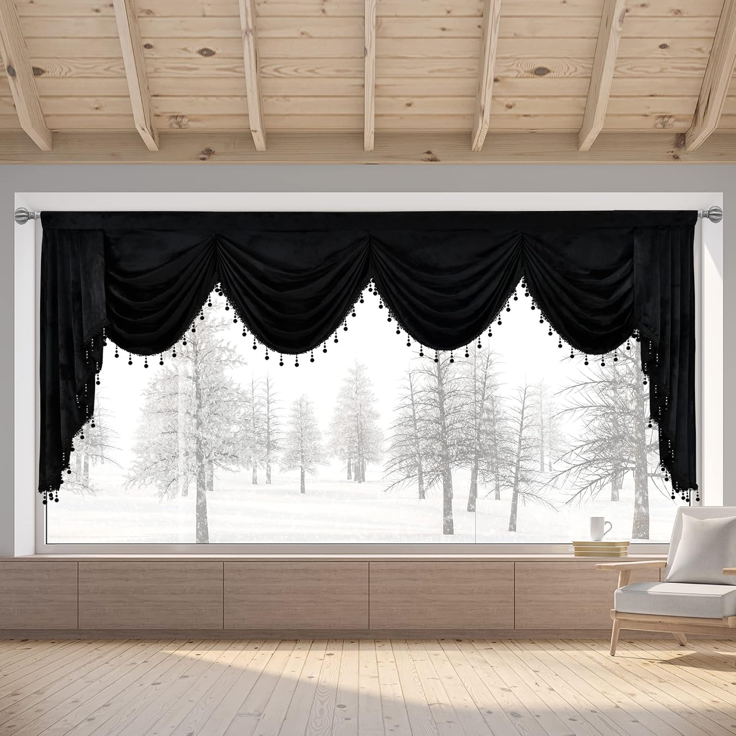Black Velvet Waterfall Window Valance Rod Pocket Curtain Living Room Bedroom 110