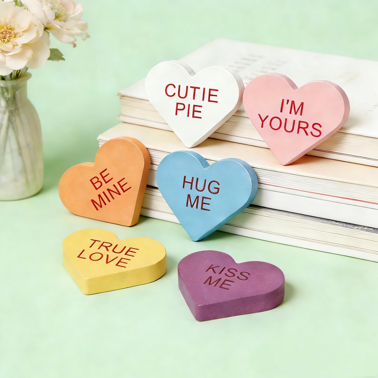 6 Pcs Wooden Conversation Hearts Decor Valentine Mantel Shelf Sign