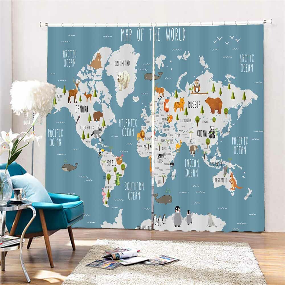 Many Animals Nice Map 3D Curtain Blockout Photo Printing Curtains Drape Fabric